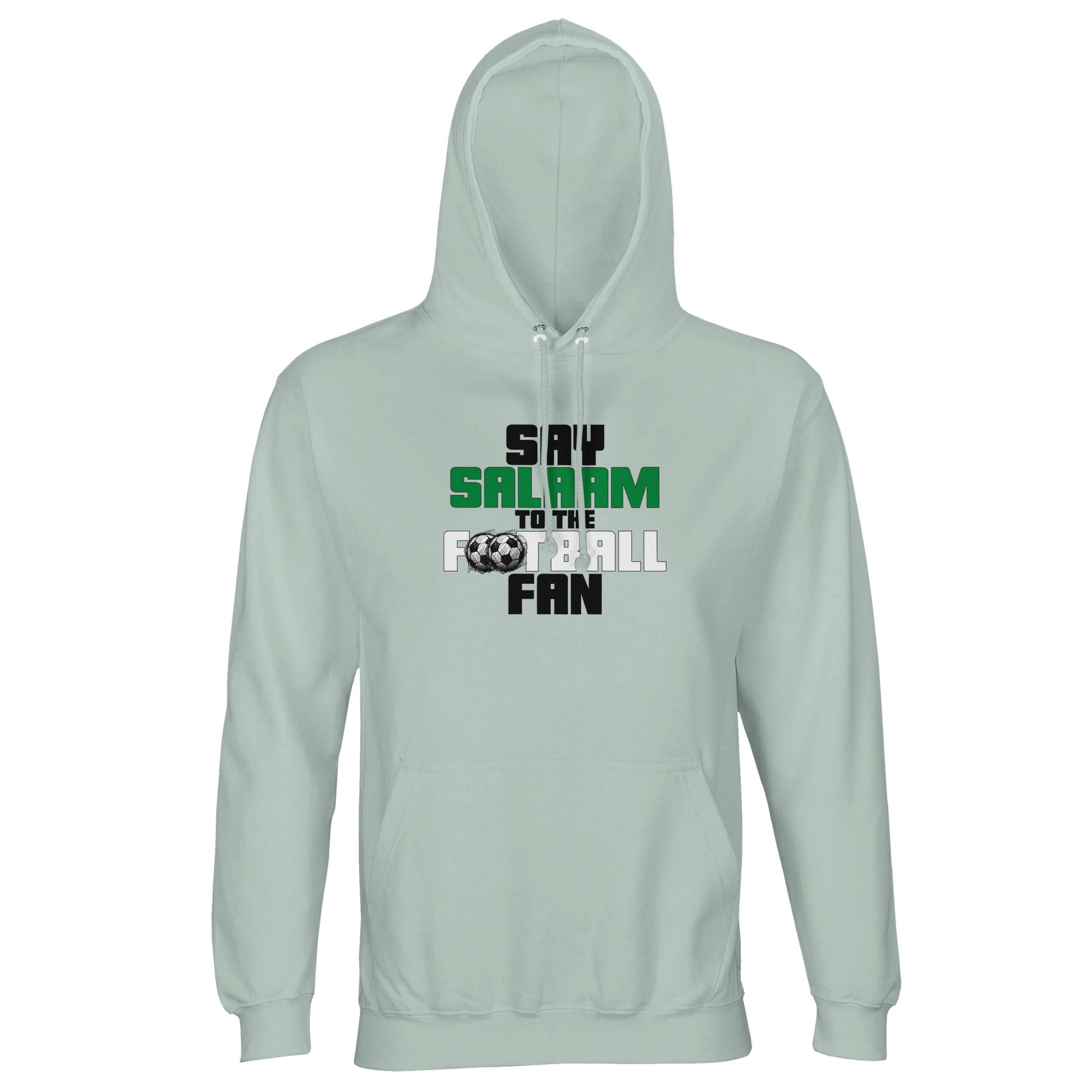 Say Salaam to the Football Fan Original Part-Recycled Unisex Hoodie – Creamy Green / Greenish Grey featuring bold, text-based design in Black, La Salle Green and White with sketched balls. A faith-friendly football hoodie for those repping Arsenal, Chelsea, NUFC, Celtic or Liverpool – or waving flags for England, Brazil, Argentina or Portugal. Hoodie football, jumper with hood, sweats or mens hoodie – perfect between khutbah and kick-off. It’s the Beautiful Game Ronaldo plays and the match you stream.