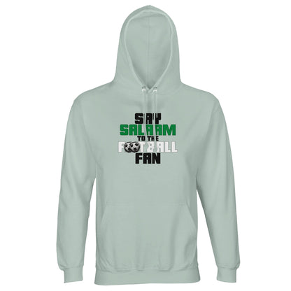 Say Salaam to the Football Fan Original Part-Recycled Unisex Hoodie – Creamy Green / Greenish Grey featuring bold, text-based design in Black, La Salle Green and White with sketched balls. A faith-friendly football hoodie for those repping Arsenal, Chelsea, NUFC, Celtic or Liverpool – or waving flags for England, Brazil, Argentina or Portugal. Hoodie football, jumper with hood, sweats or mens hoodie – perfect between khutbah and kick-off. It’s the Beautiful Game Ronaldo plays and the match you stream.