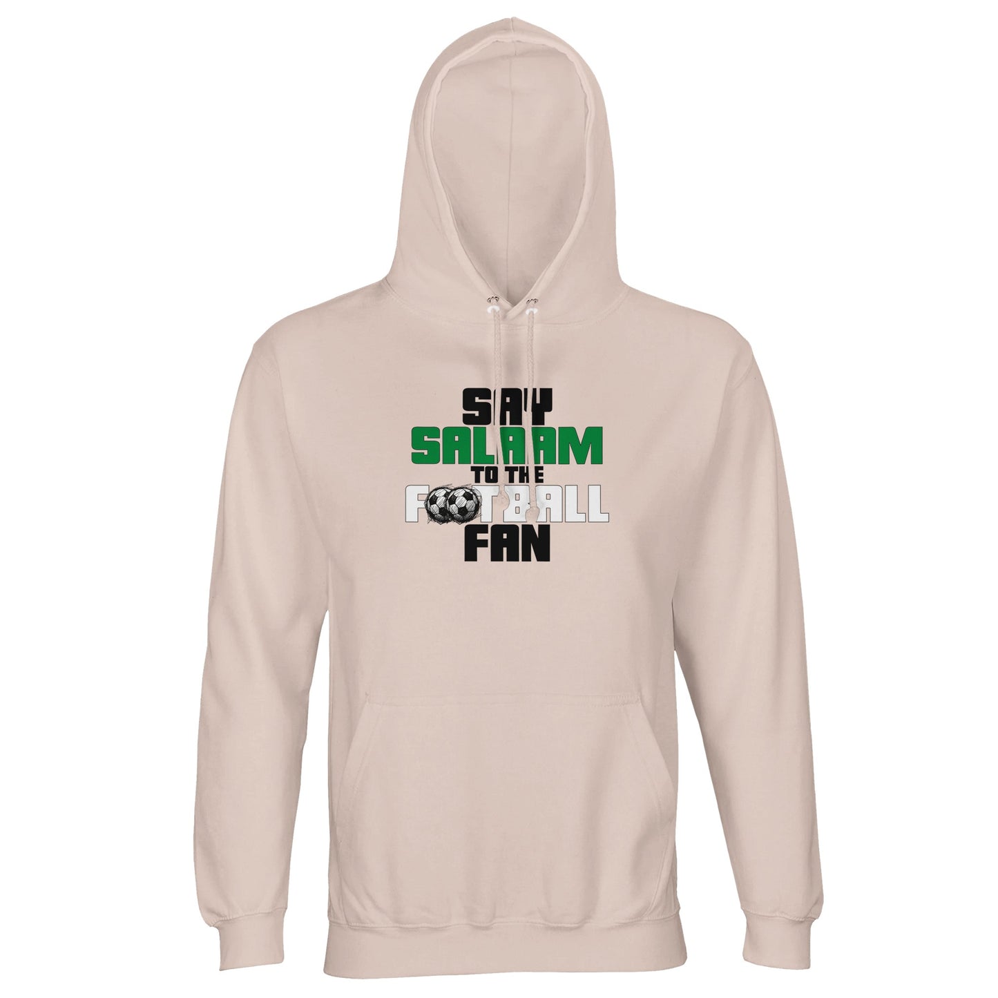 Say Salaam to the Football Fan Original Part-Recycled Unisex Hoodie – Creamy Pink / Oyster Pink featuring bold, text-based design in Black, La Salle Green and White with sketched balls. A faith-friendly football hoodie for true fans who support Liverpool, Arsenal, NUFC or Celtic – or national teams like England, Brazil, or Argentina. Sweats, jumper with hood, hoodie football or mens hoodie – the kind worn while tracking scores between suhoor and the stadium. It’s the game Cristiano Ronaldo plays.