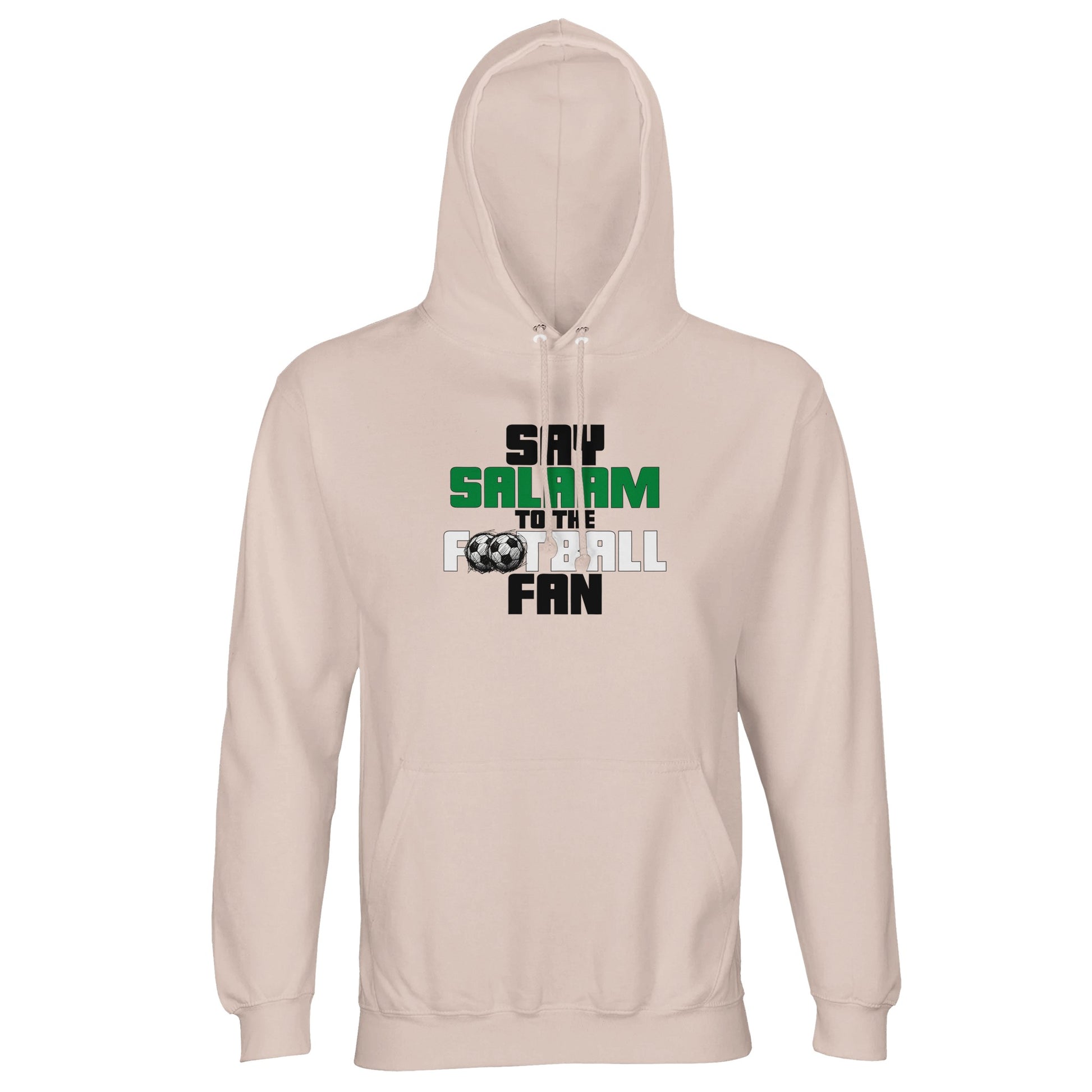 Say Salaam to the Football Fan Original Part-Recycled Unisex Hoodie – Creamy Pink / Oyster Pink featuring bold, text-based design in Black, La Salle Green and White with sketched balls. A faith-friendly football hoodie for true fans who support Liverpool, Arsenal, NUFC or Celtic – or national teams like England, Brazil, or Argentina. Sweats, jumper with hood, hoodie football or mens hoodie – the kind worn while tracking scores between suhoor and the stadium. It’s the game Cristiano Ronaldo plays.