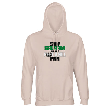 Say Salaam to the Football Fan Original Part-Recycled Unisex Hoodie – Creamy Pink / Oyster Pink featuring bold, text-based design in Black, La Salle Green and White with sketched balls. A faith-friendly football hoodie for true fans who support Liverpool, Arsenal, NUFC or Celtic – or national teams like England, Brazil, or Argentina. Sweats, jumper with hood, hoodie football or mens hoodie – the kind worn while tracking scores between suhoor and the stadium. It’s the game Cristiano Ronaldo plays.