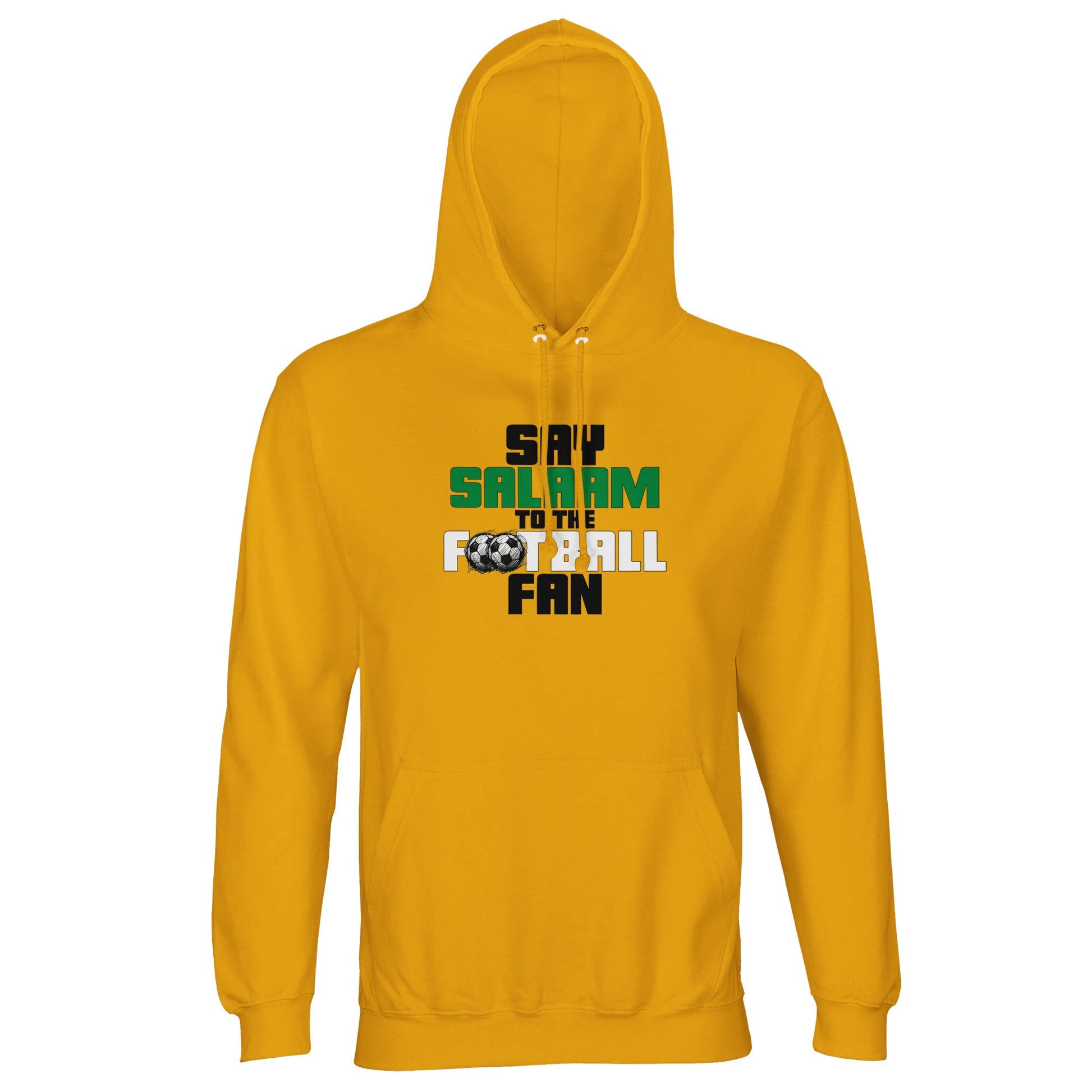 Say Salaam to the Football Fan Original Part-Recycled Unisex Hoodie – Gold / Gamboge featuring bold, text-based design in Black, La Salle Green and White with sketched balls. A football hoodie that pairs faith with fire – from Arsenal, Celtic and Chelsea to NUFC, Brazil, Scotland and Portugal. A basic jumper with hood, sweats, ‘hoodie football’ for the Google search, or mens hoodie – it’s all for fans who cheer goals between prayers. It’s the Beautiful Game Cristiano Ronaldo plays every Saturday.