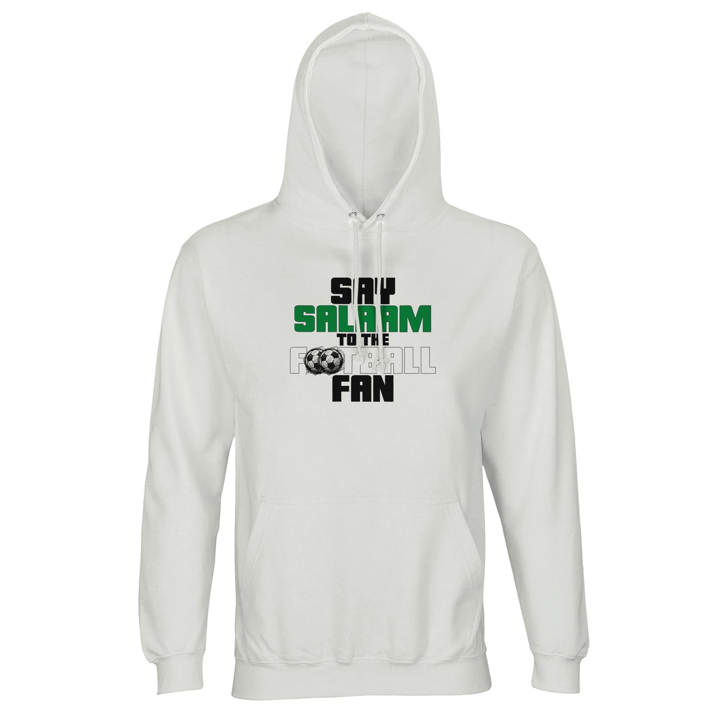 Say Salaam to the Football Fan Original Part-Recycled Unisex Hoodie – White / Platinum featuring bold, text-based design in Black, La Salle Green and White with sketched balls. A minimalist sweatshirt for footie fans who love sweats – whether they like Liverpool, Arsenal, Chelsea, NUFC or Celtic, or national teams like Scotland, England, Argentina or Brazil - it's the game Cristiano Ronaldo plays. The football hoodie for hoodie football is a mens hoodie or jumper with hood for all genders.