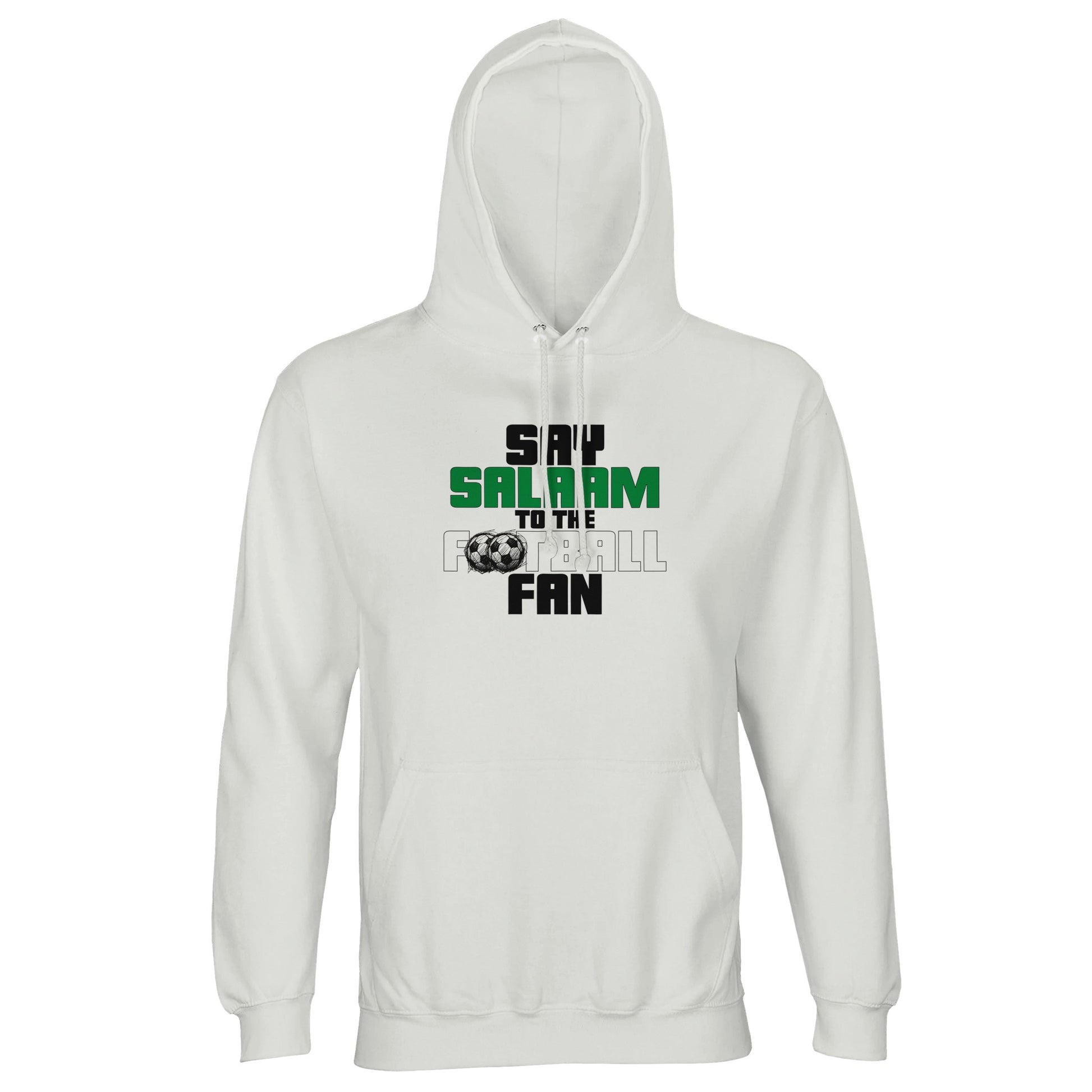 Say Salaam to the Football Fan Original Part-Recycled Unisex Hoodie – White / Platinum featuring bold, text-based design in Black, La Salle Green and White with sketched balls. A minimalist sweatshirt for footie fans who love sweats – whether they like Liverpool, Arsenal, Chelsea, NUFC or Celtic, or national teams like Scotland, England, Argentina or Brazil - it's the game Cristiano Ronaldo plays. The football hoodie for hoodie football is a mens hoodie or jumper with hood for all genders.