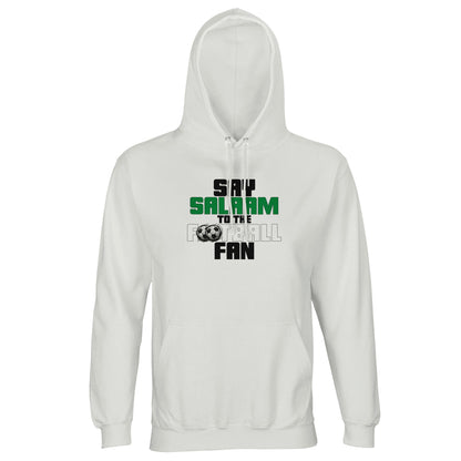 Say Salaam to the Football Fan Original Part-Recycled Unisex Hoodie – White / Platinum featuring bold, text-based design in Black, La Salle Green and White with sketched balls. A minimalist sweatshirt for footie fans who love sweats – whether they like Liverpool, Arsenal, Chelsea, NUFC or Celtic, or national teams like Scotland, England, Argentina or Brazil - it's the game Cristiano Ronaldo plays. The football hoodie for hoodie football is a mens hoodie or jumper with hood for all genders.