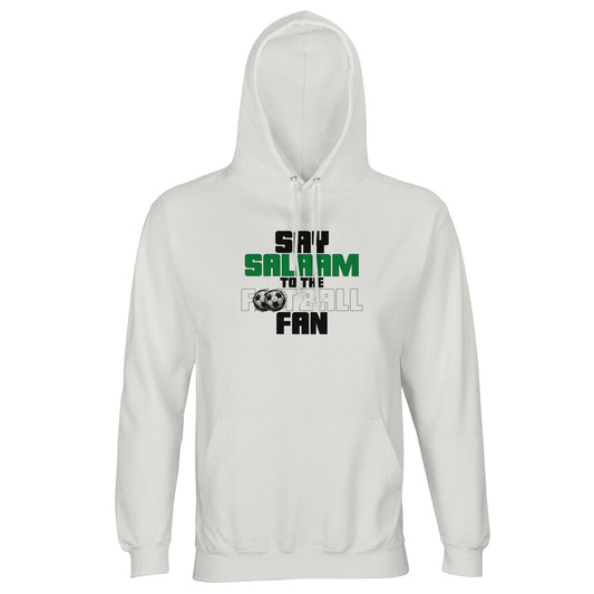 Say Salaam to the Football Fan Original Part-Recycled Unisex Hoodie – White / Platinum featuring bold, text-based design in Black, La Salle Green and White with sketched balls. A minimalist sweatshirt for footie fans who love sweats – whether they like Liverpool, Arsenal, Chelsea, NUFC or Celtic, or national teams like Scotland, England, Argentina or Brazil - it's the game Cristiano Ronaldo plays. The football hoodie for hoodie football is a mens hoodie or jumper with hood for all genders.