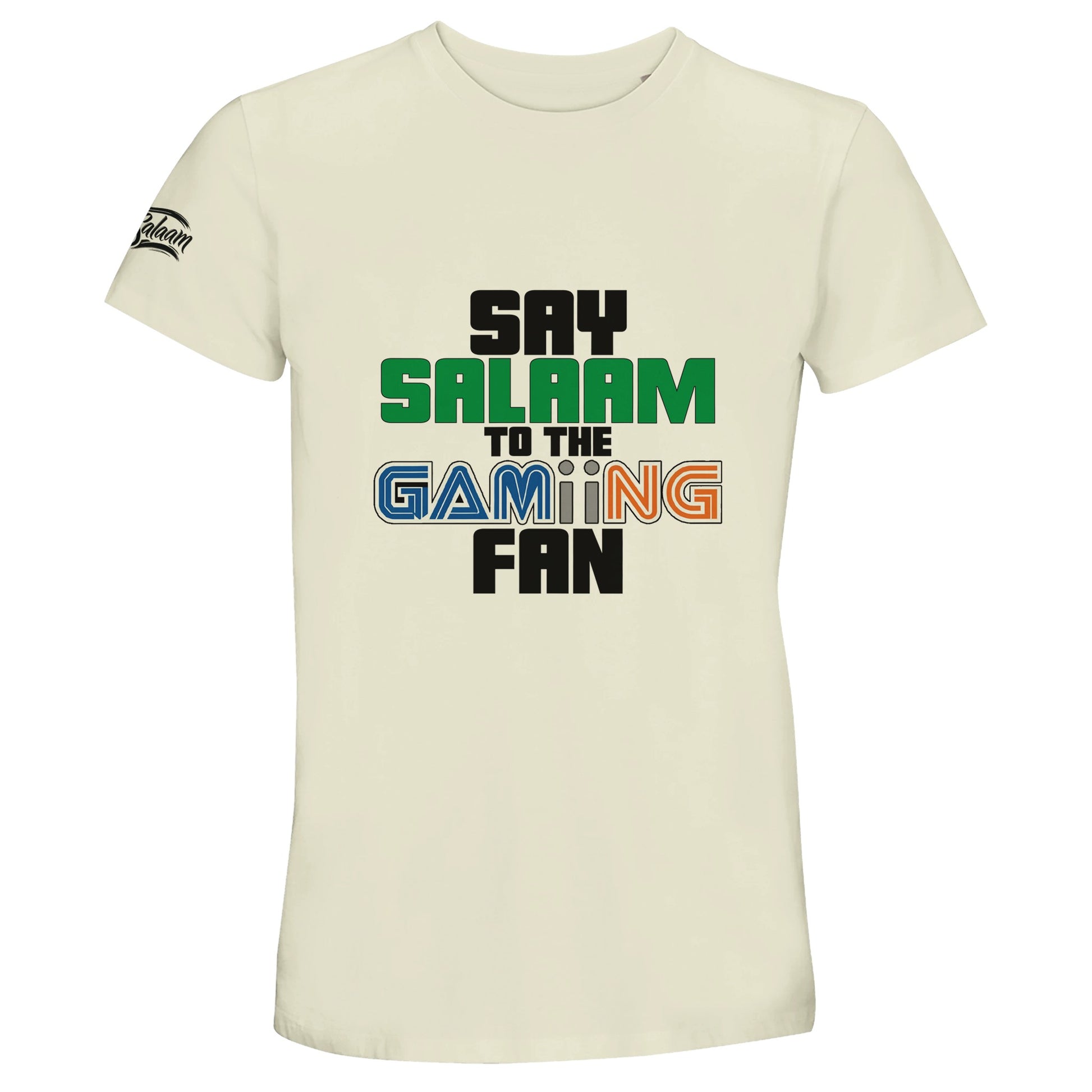 Say Salaam to the Gaming Fan Original 50% Recycled Unisex Cotton T-Shirt – Natural / Moon Mist / Satin Linen  / Beige featuring multicolour bold text with ‘Salaam’ in green and retro ‘GAMING’ type. A modest gamer tee for Muslim fans of Pokémon, Minecraft, GTA, FNAF, Sonic, and COD. Made for Discord chats, vintage gaming nostalgia, and asking: is gaming haram? This sustainable slogan shirt invites you to press start on halal fun. A graphic tee with faith, style and purpose as a gift for Eid or Christmas.