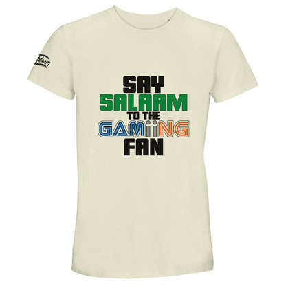 Say Salaam to the Gaming Fan Original 50% Recycled Unisex Cotton T-Shirt – Natural / Moon Mist / Satin Linen  / Beige featuring multicolour bold text with ‘Salaam’ in green and retro ‘GAMING’ type. A modest gamer tee for Muslim fans of Pokémon, Minecraft, GTA, FNAF, Sonic, and COD. Made for Discord chats, vintage gaming nostalgia, and asking: is gaming haram? This sustainable slogan shirt invites you to press start on halal fun. A graphic tee with faith, style and purpose as a gift for Eid or Christmas.