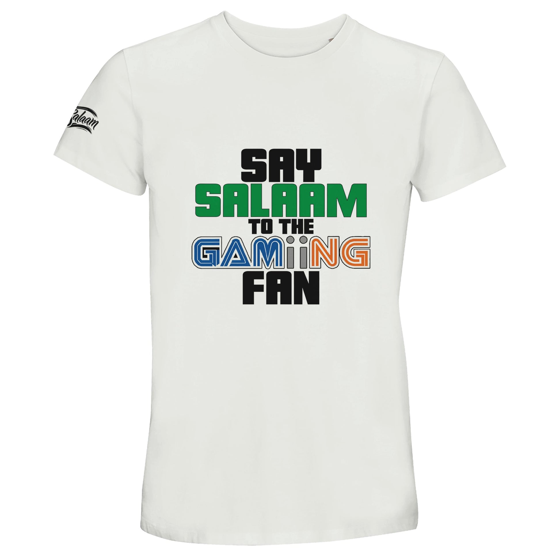 Say Salaam to the Gaming Fan Original 50% Recycled Unisex Cotton T-Shirt – White / Platinum featuring bold multicolour text for modest Muslim gamers. A graphic top with ‘Salaam’ in green, retro-style ‘GAMING’ font, and a soft cotton feel. Perfect gift or casual wear for players into Pokémon, Minecraft, Sonic, GTA, FNAF, and COD. To wear in Discord chats, Muslim gaming forums, or ask the question: is gaming haram? This vintage gaming tee is the cheat code to saying who you are with an interesting slogan.