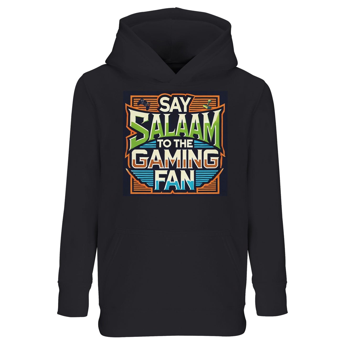 Black / Deep Black / Jet Black Say Salaam to the Gaming Fan Design #1 kids hoodie featuring a bold arcade-inspired print with layered geometric framing and a vibrant retro controller graphic beneath the Salaam message. This hooded top blends gaming culture with Muslim identity, appealing to young gamers who spend evenings on multiplayer matches, online tournaments, PlayStation, XBox, FIFA and Call of Duty. Designed as modest wear for Muslim families seeking faith-forward street style from an Islamic shop.