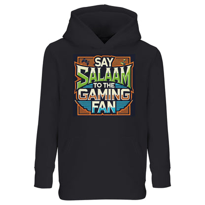 Black / Deep Black / Jet Black Say Salaam to the Gaming Fan Design #1 kids hoodie featuring a bold arcade-inspired print with layered geometric framing and a vibrant retro controller graphic beneath the Salaam message. This hooded top blends gaming culture with Muslim identity, appealing to young gamers who spend evenings on multiplayer matches, online tournaments, PlayStation, XBox, FIFA and Call of Duty. Designed as modest wear for Muslim families seeking faith-forward street style from an Islamic shop.