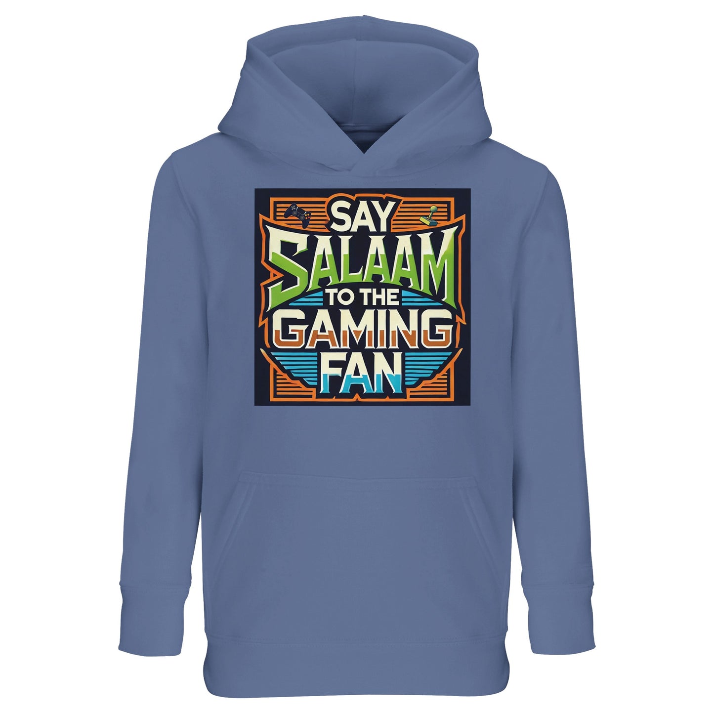 Blue / Classic Blue / True Blue Say Salaam to the Gaming Fan Design #1 kids hoodie showcasing the colourful console-themed artwork with pixel-style borders and a dynamic “Say Salaam to the Gaming Fan” slogan. This hooded sweatshirt connects gaming enthusiasm with Islamic values, perfect for youngsters who love multiplayer modes, online play, PlayStation, XBox and competitive titles like FIFA. A comfortable, modest apparel option for Muslim clothing collections in a faith-inspired Islamic shop range.