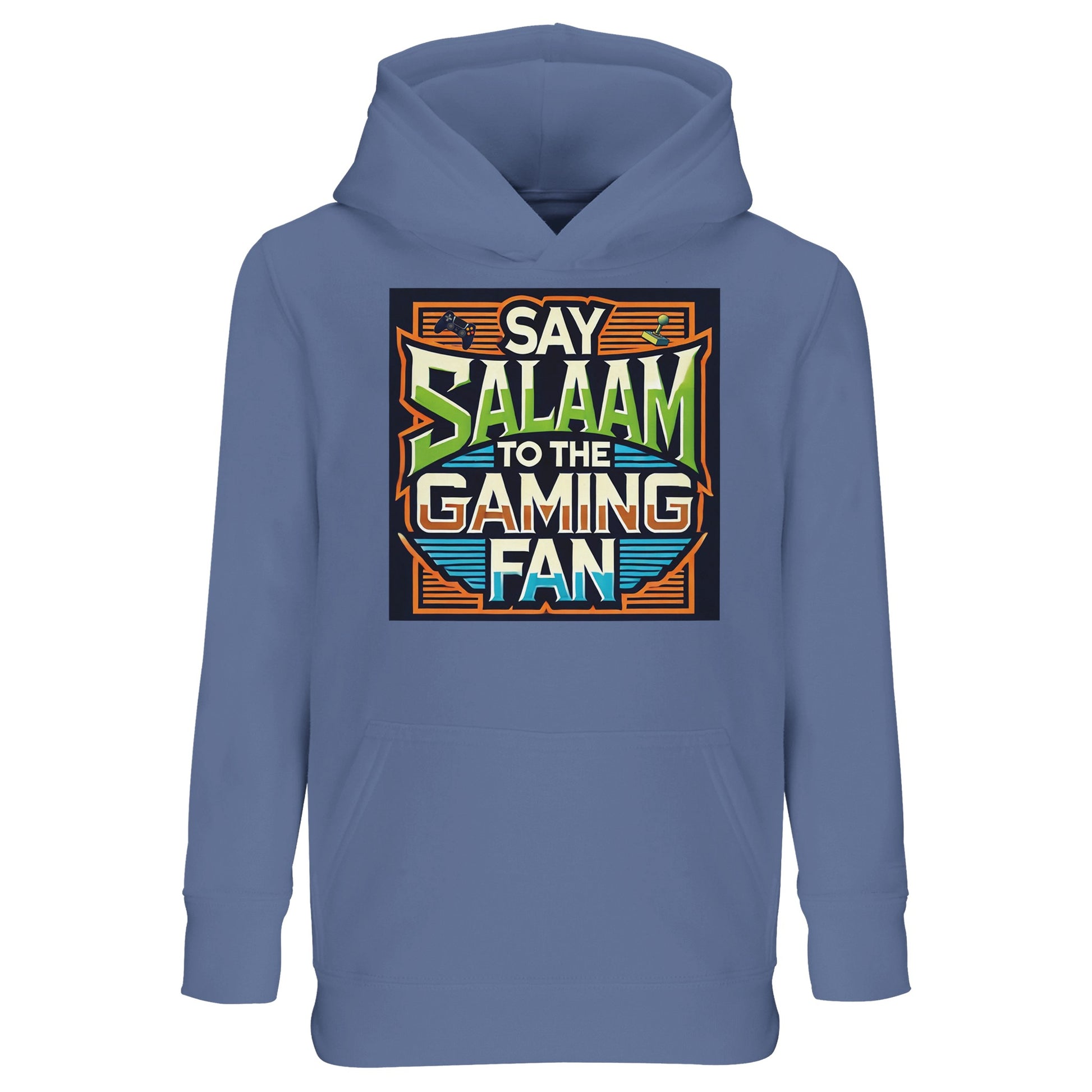 Blue / Classic Blue / True Blue Say Salaam to the Gaming Fan Design #1 kids hoodie showcasing the colourful console-themed artwork with pixel-style borders and a dynamic “Say Salaam to the Gaming Fan” slogan. This hooded sweatshirt connects gaming enthusiasm with Islamic values, perfect for youngsters who love multiplayer modes, online play, PlayStation, XBox and competitive titles like FIFA. A comfortable, modest apparel option for Muslim clothing collections in a faith-inspired Islamic shop range.