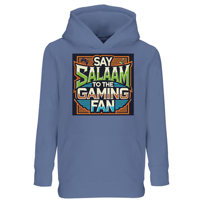 Blue / Classic Blue / True Blue Say Salaam to the Gaming Fan Design #1 kids hoodie showcasing the colourful console-themed artwork with pixel-style borders and a dynamic “Say Salaam to the Gaming Fan” slogan. This hooded sweatshirt connects gaming enthusiasm with Islamic values, perfect for youngsters who love multiplayer modes, online play, PlayStation, XBox and competitive titles like FIFA. A comfortable, modest apparel option for Muslim clothing collections in a faith-inspired Islamic shop range.