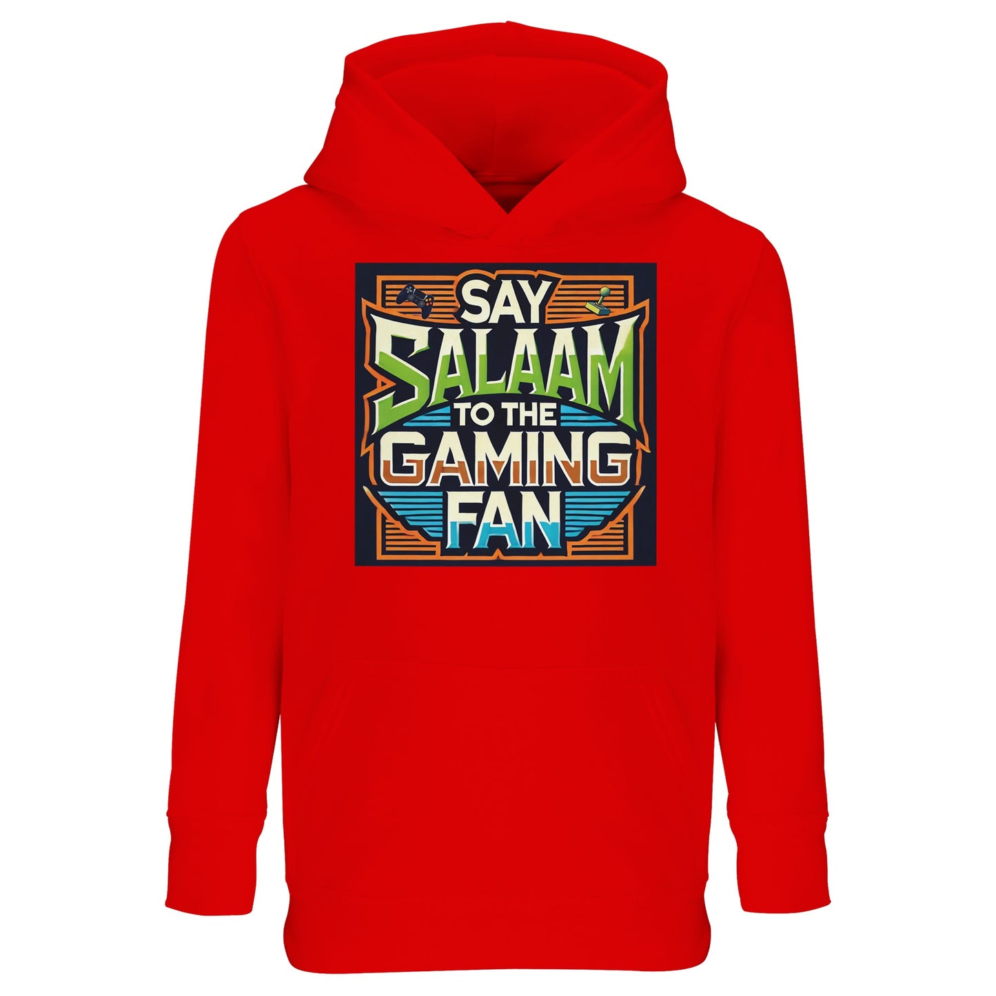Bright Red / Vivid Red / Fire Red Say Salaam to the Gaming Fan Design #1 kids hoodie highlighting the striking arcade controller motif and layered neon-style frame around the Salaam lettering. This hooded jumper celebrates youth gaming culture while keeping the greeting of peace front and centre, ideal for children who enjoy online gaming, co-op play and console sessions on PlayStation or XBox. A standout modest wear piece within Muslim clothing designed for confident young gamers.