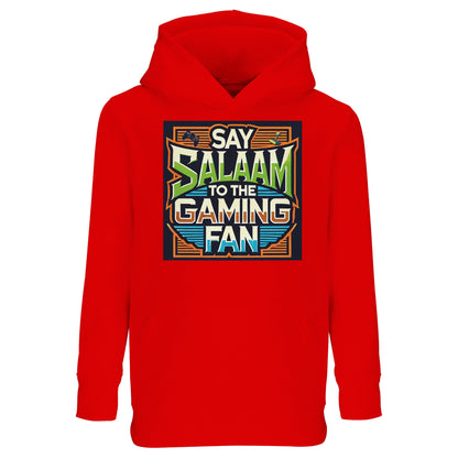 Bright Red / Vivid Red / Fire Red Say Salaam to the Gaming Fan Design #1 kids hoodie highlighting the striking arcade controller motif and layered neon-style frame around the Salaam lettering. This hooded jumper celebrates youth gaming culture while keeping the greeting of peace front and centre, ideal for children who enjoy online gaming, co-op play and console sessions on PlayStation or XBox. A standout modest wear piece within Muslim clothing designed for confident young gamers.