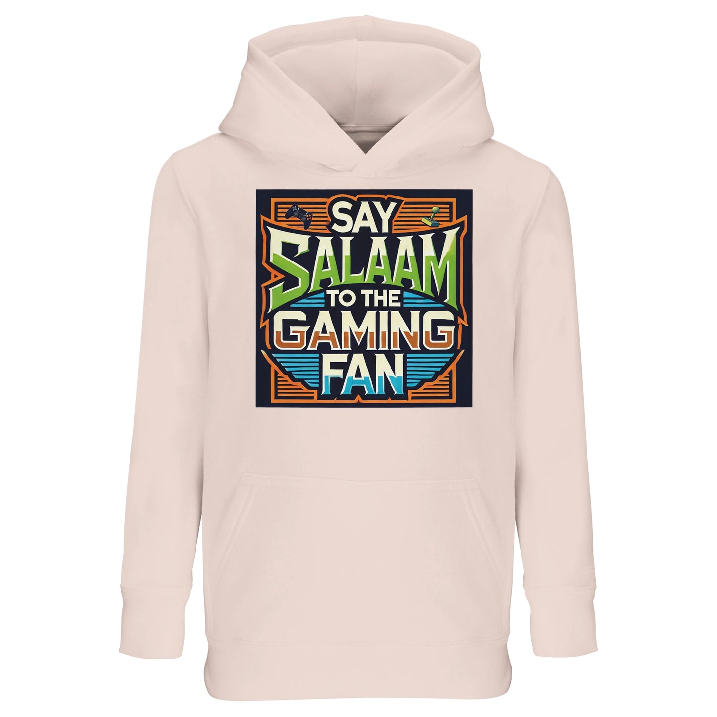 Creamy Pink / Oyster Pink / Soft Blush Say Salaam to the Gaming Fan Design #1 kids hoodie combining the vivid gaming controller illustration with a softer pastel base. The structured arcade-style design keeps the Salaam message central while connecting with young gamers who enjoy multiplayer and console sessions. A distinctive modest apparel option in Muslim clothing collections, offering a faith-inspired gaming look from an Islamic shop tailored to children and youngsters.