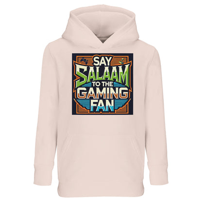 Creamy Pink / Oyster Pink / Soft Blush Say Salaam to the Gaming Fan Design #1 kids hoodie combining the vivid gaming controller illustration with a softer pastel base. The structured arcade-style design keeps the Salaam message central while connecting with young gamers who enjoy multiplayer and console sessions. A distinctive modest apparel option in Muslim clothing collections, offering a faith-inspired gaming look from an Islamic shop tailored to children and youngsters.