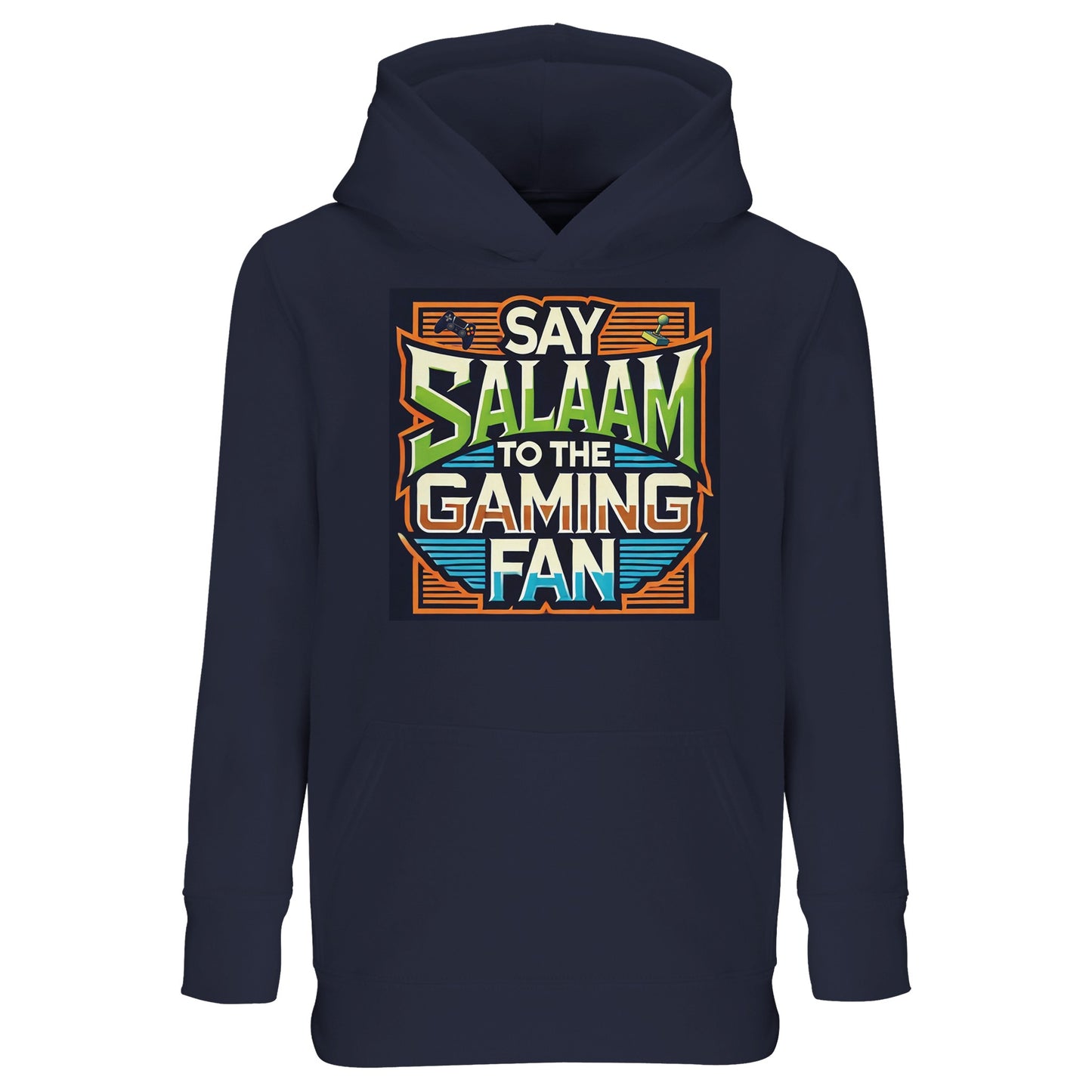 French Navy / Dark Navy / Midnight Navy Say Salaam to the Gaming Fan Design #1 kids hoodie presenting the vibrant retro console print against a deep navy base for contrast and clarity. The structured graphic blends pixel art energy with Islamic greeting culture, making it suitable for young gaming fans immersed in multiplayer, FIFA tournaments and online matches. A practical hooded sweatshirt for Muslim families seeking modest apparel from an Islamic shop with modern, gamer-focused design.