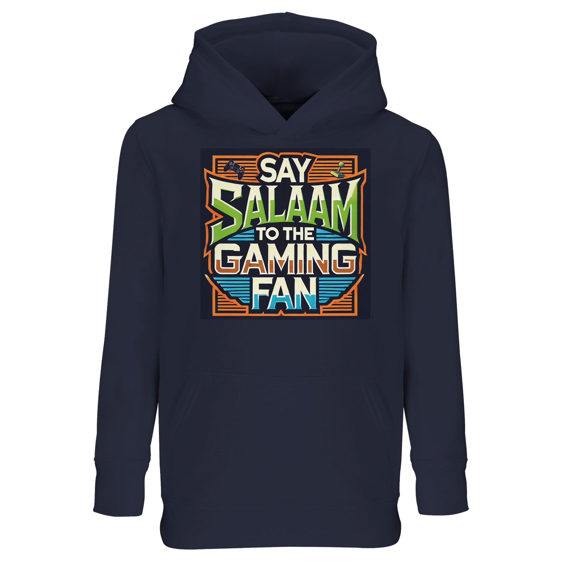 French Navy / Dark Navy / Midnight Navy Say Salaam to the Gaming Fan Design #1 kids hoodie presenting the vibrant retro console print against a deep navy base for contrast and clarity. The structured graphic blends pixel art energy with Islamic greeting culture, making it suitable for young gaming fans immersed in multiplayer, FIFA tournaments and online matches. A practical hooded sweatshirt for Muslim families seeking modest apparel from an Islamic shop with modern, gamer-focused design.