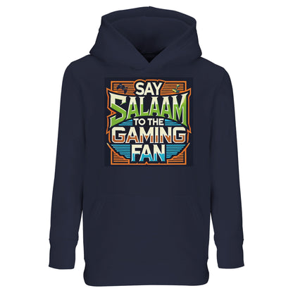 French Navy / Dark Navy / Midnight Navy Say Salaam to the Gaming Fan Design #1 kids hoodie presenting the vibrant retro console print against a deep navy base for contrast and clarity. The structured graphic blends pixel art energy with Islamic greeting culture, making it suitable for young gaming fans immersed in multiplayer, FIFA tournaments and online matches. A practical hooded sweatshirt for Muslim families seeking modest apparel from an Islamic shop with modern, gamer-focused design.