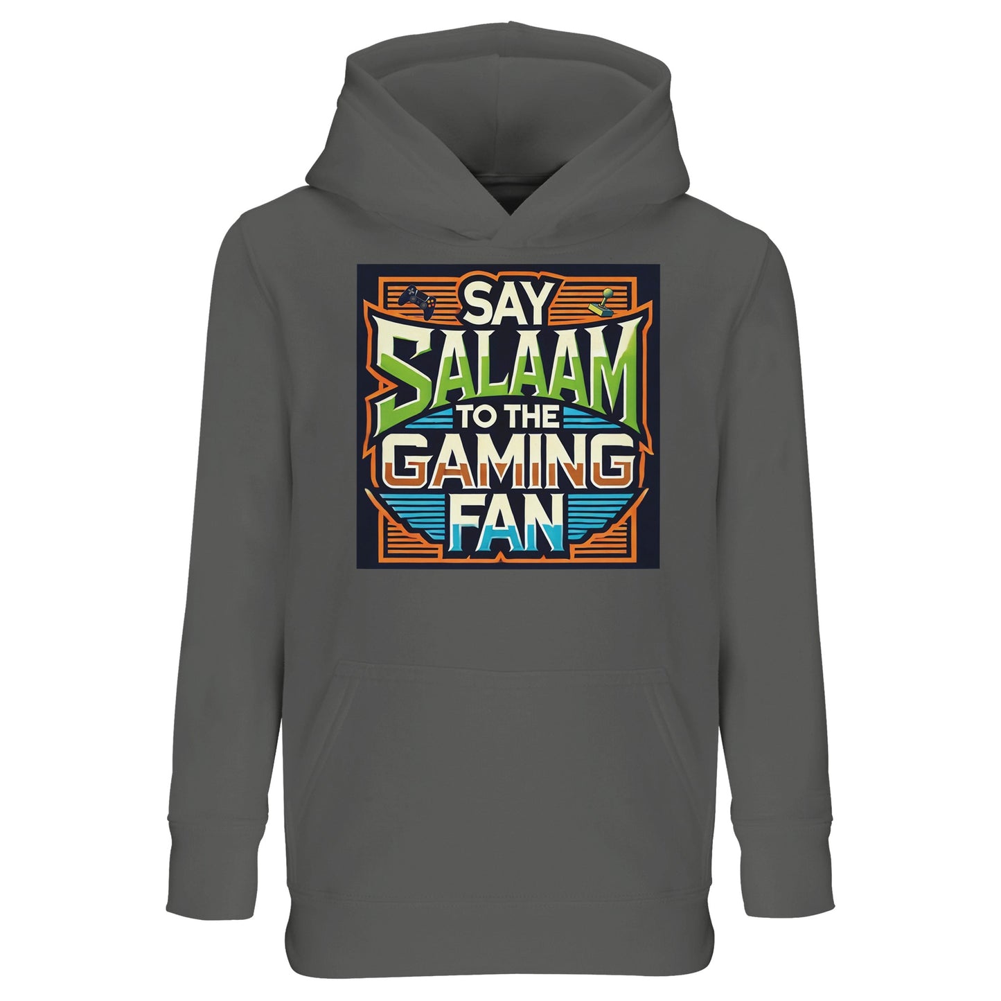 Grey Melange / Heather Grey / Marl Grey Say Salaam to the Gaming Fan Design #1 kids hoodie featuring the colourful controller illustration framed by geometric lines and bold Salaam text. This long-sleeved hooded top bridges gaming lifestyle and Muslim identity, ideal for youngsters who move between school days and evening online sessions on PlayStation or XBox. A versatile modest wear option within Muslim clothing collections that celebrates gamers and faith together.