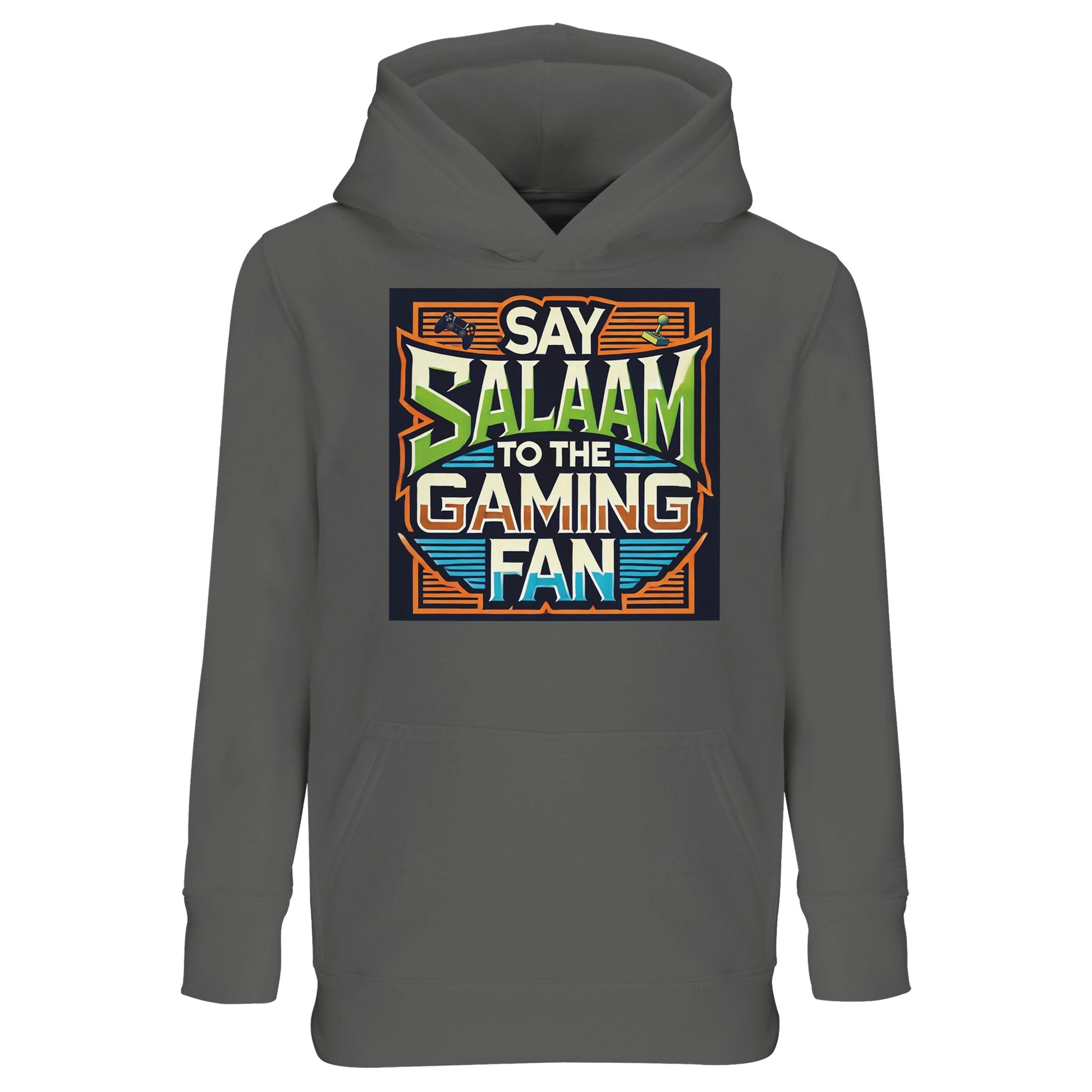 Grey Melange / Heather Grey / Marl Grey Say Salaam to the Gaming Fan Design #1 kids hoodie featuring the colourful controller illustration framed by geometric lines and bold Salaam text. This long-sleeved hooded top bridges gaming lifestyle and Muslim identity, ideal for youngsters who move between school days and evening online sessions on PlayStation or XBox. A versatile modest wear option within Muslim clothing collections that celebrates gamers and faith together.