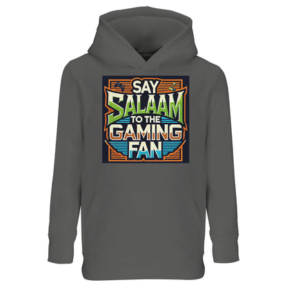 Grey Melange / Heather Grey / Marl Grey Say Salaam to the Gaming Fan Design #1 kids hoodie featuring the colourful controller illustration framed by geometric lines and bold Salaam text. This long-sleeved hooded top bridges gaming lifestyle and Muslim identity, ideal for youngsters who move between school days and evening online sessions on PlayStation or XBox. A versatile modest wear option within Muslim clothing collections that celebrates gamers and faith together.