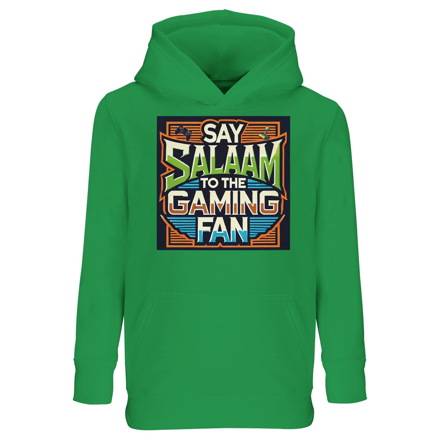 Kelly Green / Emerald Green / Bright Green Say Salaam to the Gaming Fan Design #1 kids hoodie displaying the arcade-style print with vivid controller artwork and layered graphic borders. The energetic design resonates with young gamers engaged in multiplayer worlds, FIFA matches and console competitions while keeping the Salaam greeting prominent. A bold hooded sweatshirt choice in Muslim clothing and modest apparel lines, suitable for families shopping through an Islamic shop.