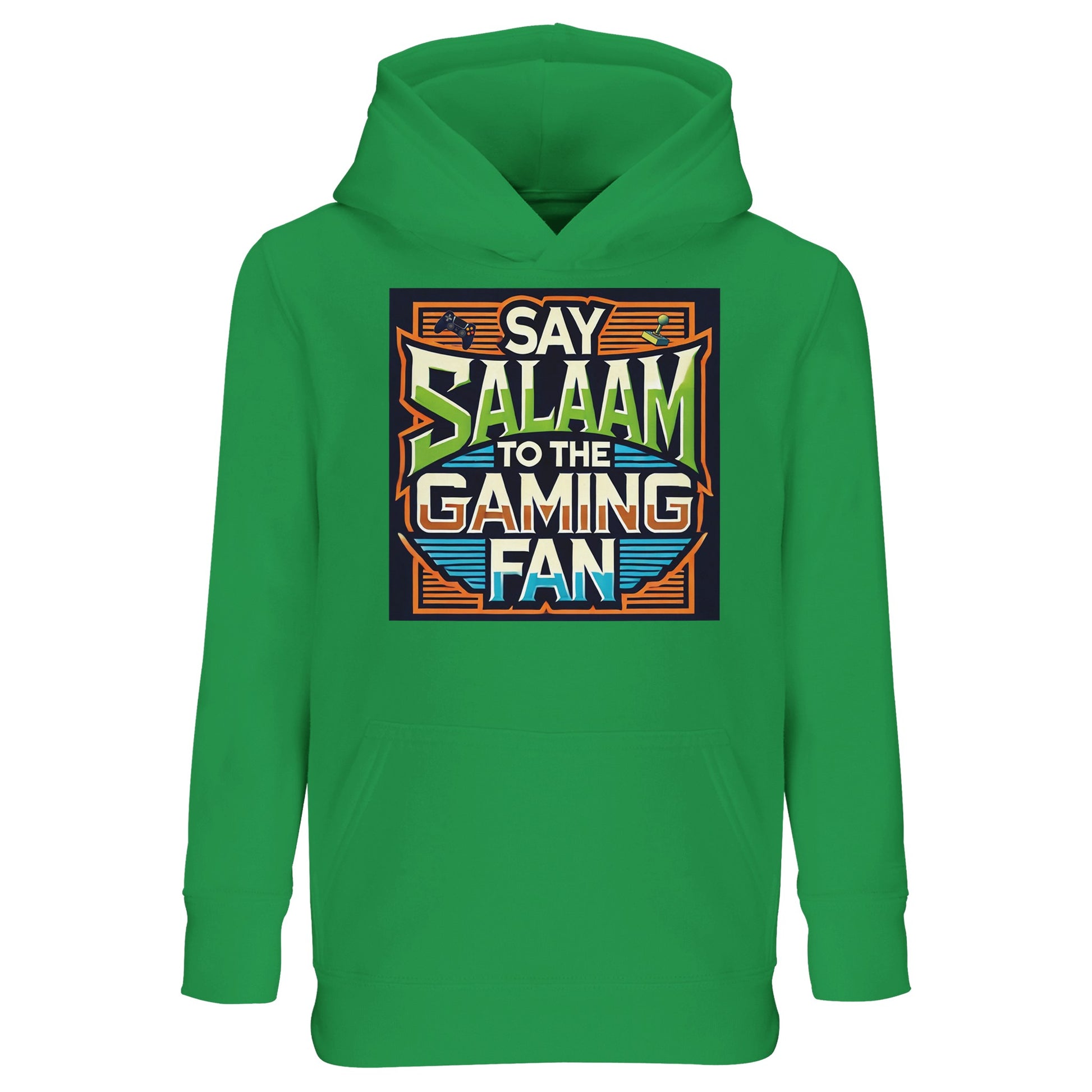 Kelly Green / Emerald Green / Bright Green Say Salaam to the Gaming Fan Design #1 kids hoodie displaying the arcade-style print with vivid controller artwork and layered graphic borders. The energetic design resonates with young gamers engaged in multiplayer worlds, FIFA matches and console competitions while keeping the Salaam greeting prominent. A bold hooded sweatshirt choice in Muslim clothing and modest apparel lines, suitable for families shopping through an Islamic shop.