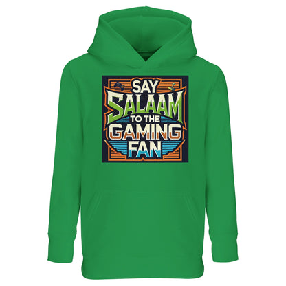 Kelly Green / Emerald Green / Bright Green Say Salaam to the Gaming Fan Design #1 kids hoodie displaying the arcade-style print with vivid controller artwork and layered graphic borders. The energetic design resonates with young gamers engaged in multiplayer worlds, FIFA matches and console competitions while keeping the Salaam greeting prominent. A bold hooded sweatshirt choice in Muslim clothing and modest apparel lines, suitable for families shopping through an Islamic shop.