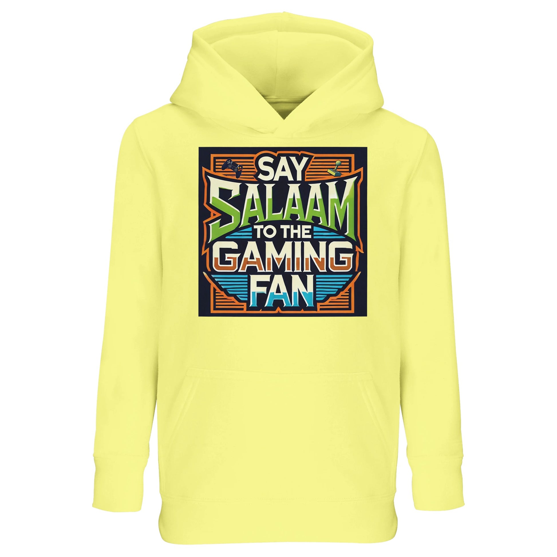 Light Yellow / Lemon / Soft Yellow Say Salaam to the Gaming Fan Design #1 kids hoodie carrying the bright retro gaming illustration with colourful pixel accents and console iconography. This hooded top appeals to children who enjoy online gaming, cooperative play and console favourites like Call of Duty and FIFA, while expressing Muslim identity through the Salaam message. A cheerful modest wear selection in Islamic shop ranges focused on gamer-inspired Muslim clothing.