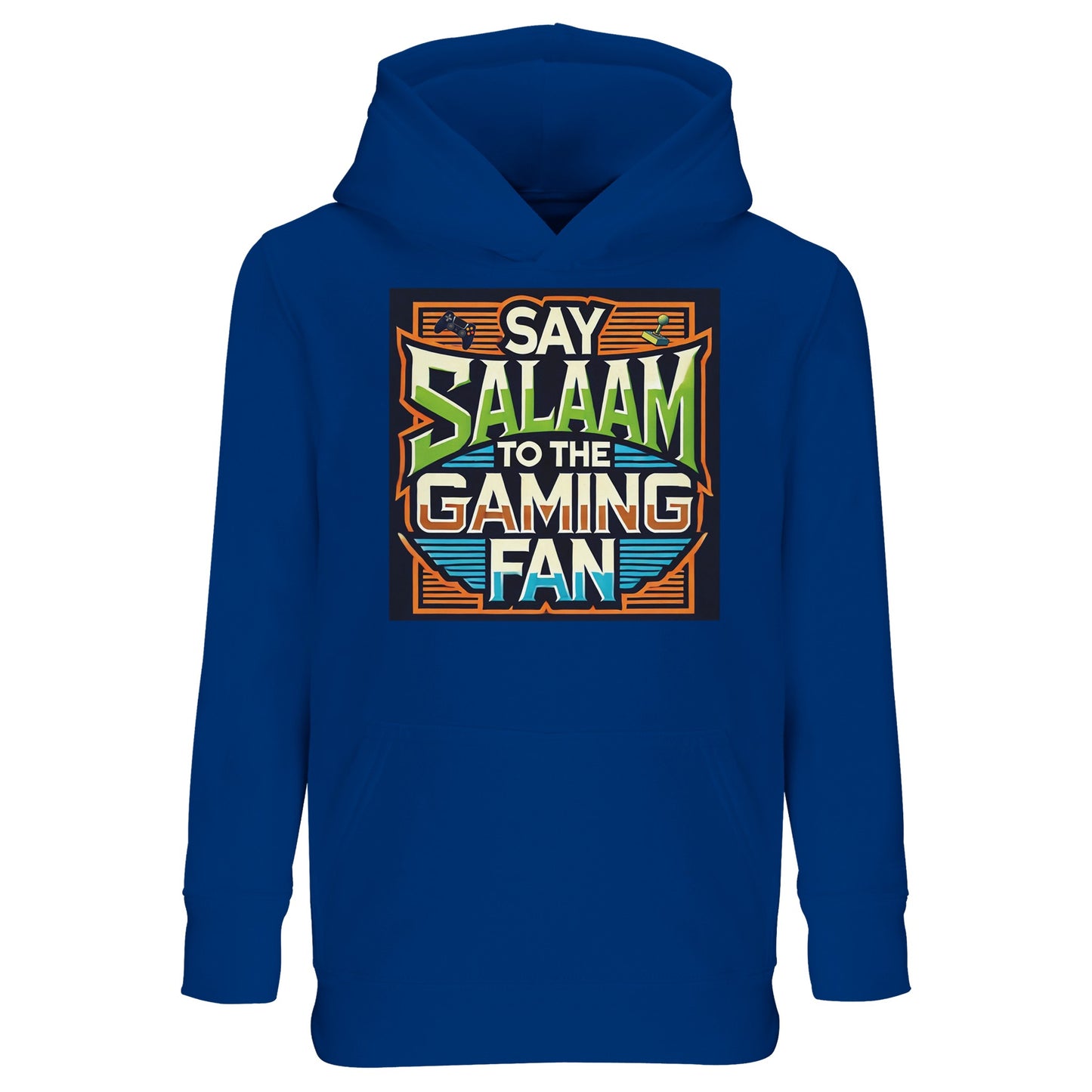 Royal Blue / Deep Royal / Electric Blue Say Salaam to the Gaming Fan Design #1 kids hoodie featuring the bold gaming console graphic framed by structured lines and vibrant typography. The design speaks to young gamers immersed in multiplayer modes and competitive online play on PlayStation and XBox, combining digital culture with the greeting of peace. A strong modest apparel piece within Muslim clothing collections, balancing faith expression and gaming enthusiasm.