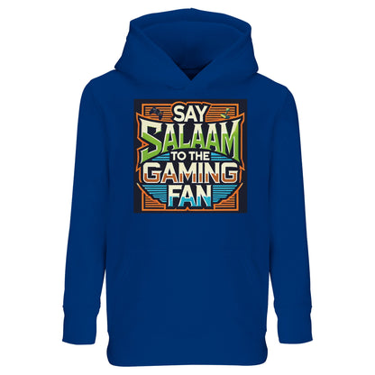 Royal Blue / Deep Royal / Electric Blue Say Salaam to the Gaming Fan Design #1 kids hoodie featuring the bold gaming console graphic framed by structured lines and vibrant typography. The design speaks to young gamers immersed in multiplayer modes and competitive online play on PlayStation and XBox, combining digital culture with the greeting of peace. A strong modest apparel piece within Muslim clothing collections, balancing faith expression and gaming enthusiasm.