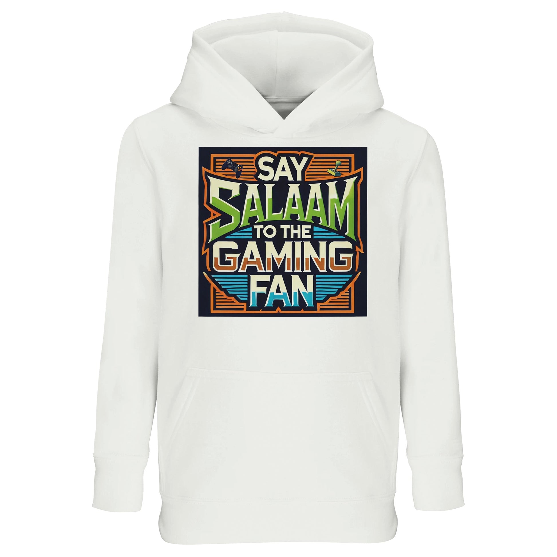 White / Platinum / Crisp White Say Salaam to the Gaming Fan Design #1 kids hoodie presenting the colourful arcade-inspired print sharply against a clean light base. The graphic layers controller imagery, pixel detailing and the Salaam slogan, appealing to youngsters passionate about online gaming and console tournaments. A versatile hooded sweatshirt within Muslim clothing and modest wear lines, ideal for families browsing an Islamic shop for gamer-themed apparel.