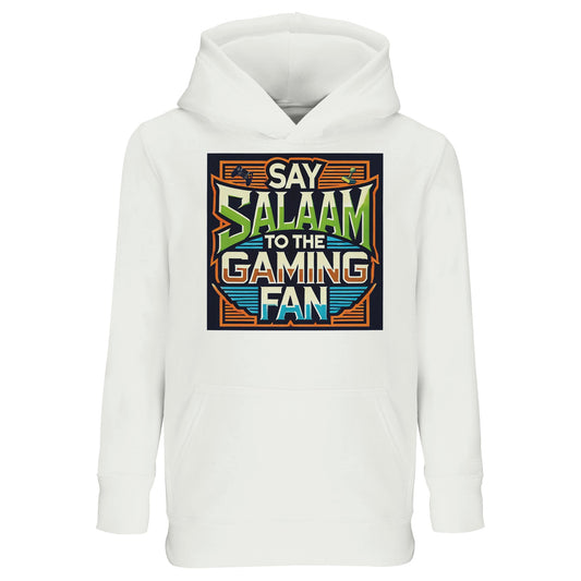 White / Platinum / Crisp White Say Salaam to the Gaming Fan Design #1 kids hoodie presenting the colourful arcade-inspired print sharply against a clean light base. The graphic layers controller imagery, pixel detailing and the Salaam slogan, appealing to youngsters passionate about online gaming and console tournaments. A versatile hooded sweatshirt within Muslim clothing and modest wear lines, ideal for families browsing an Islamic shop for gamer-themed apparel.