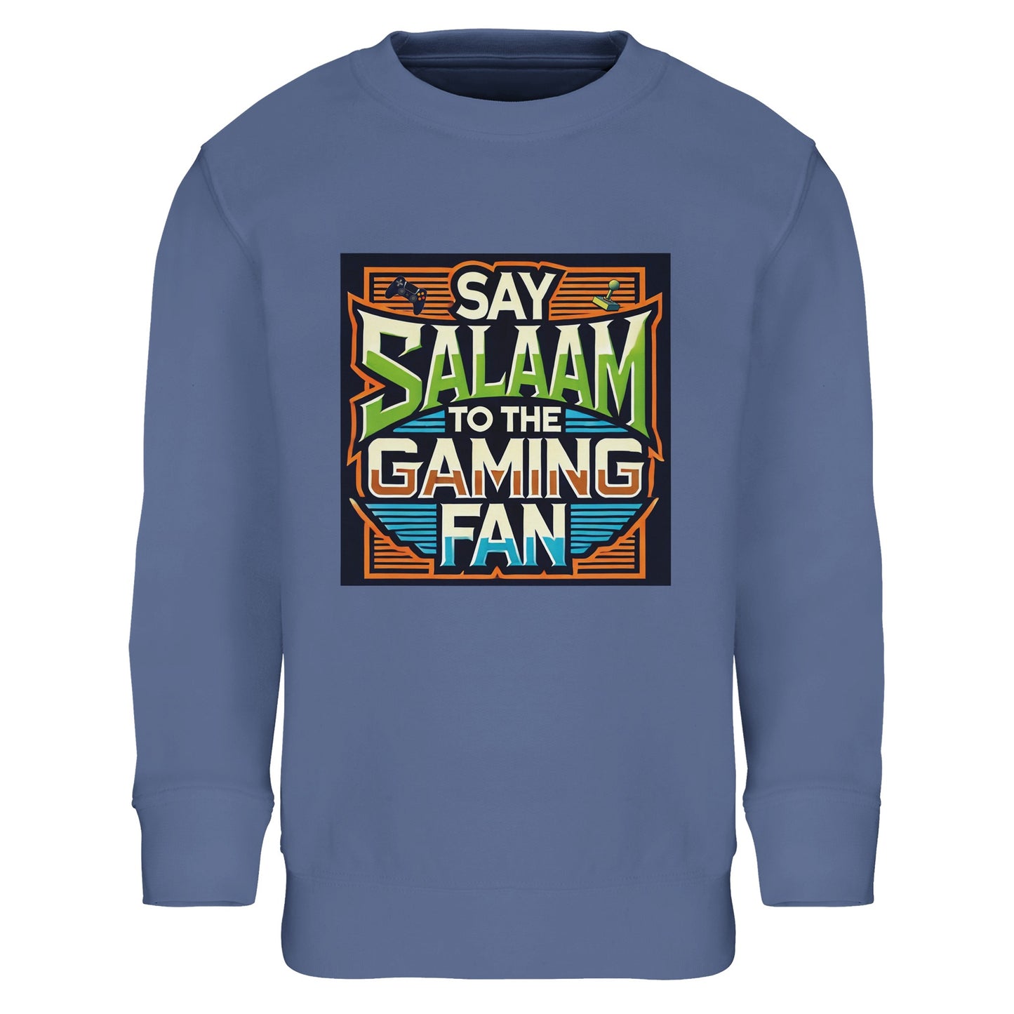 Blue / Marble Blue / Blue-Grey / Waikawa Grey youngsters’ sweatshirt displaying the Say Salaam to the Gaming Fan artwork in a colourful retro console panel with vintage arcade typography. A brushed fleece cotton-poly blend top for children balancing school days with online multiplayer battles and esports dreams. Comfortable, modest streetwear for boys and girls who greet teammates with Salaam before jumping into competitive gaming sessions.