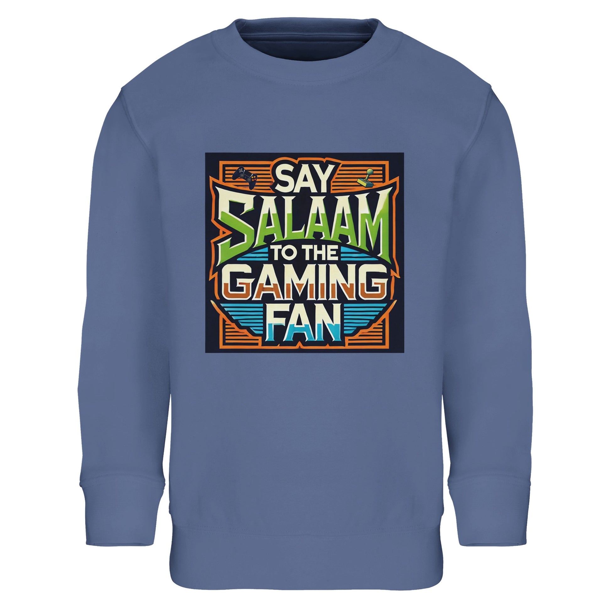 Blue / Marble Blue / Blue-Grey / Waikawa Grey youngsters’ sweatshirt displaying the Say Salaam to the Gaming Fan artwork in a colourful retro console panel with vintage arcade typography. A brushed fleece cotton-poly blend top for children balancing school days with online multiplayer battles and esports dreams. Comfortable, modest streetwear for boys and girls who greet teammates with Salaam before jumping into competitive gaming sessions.