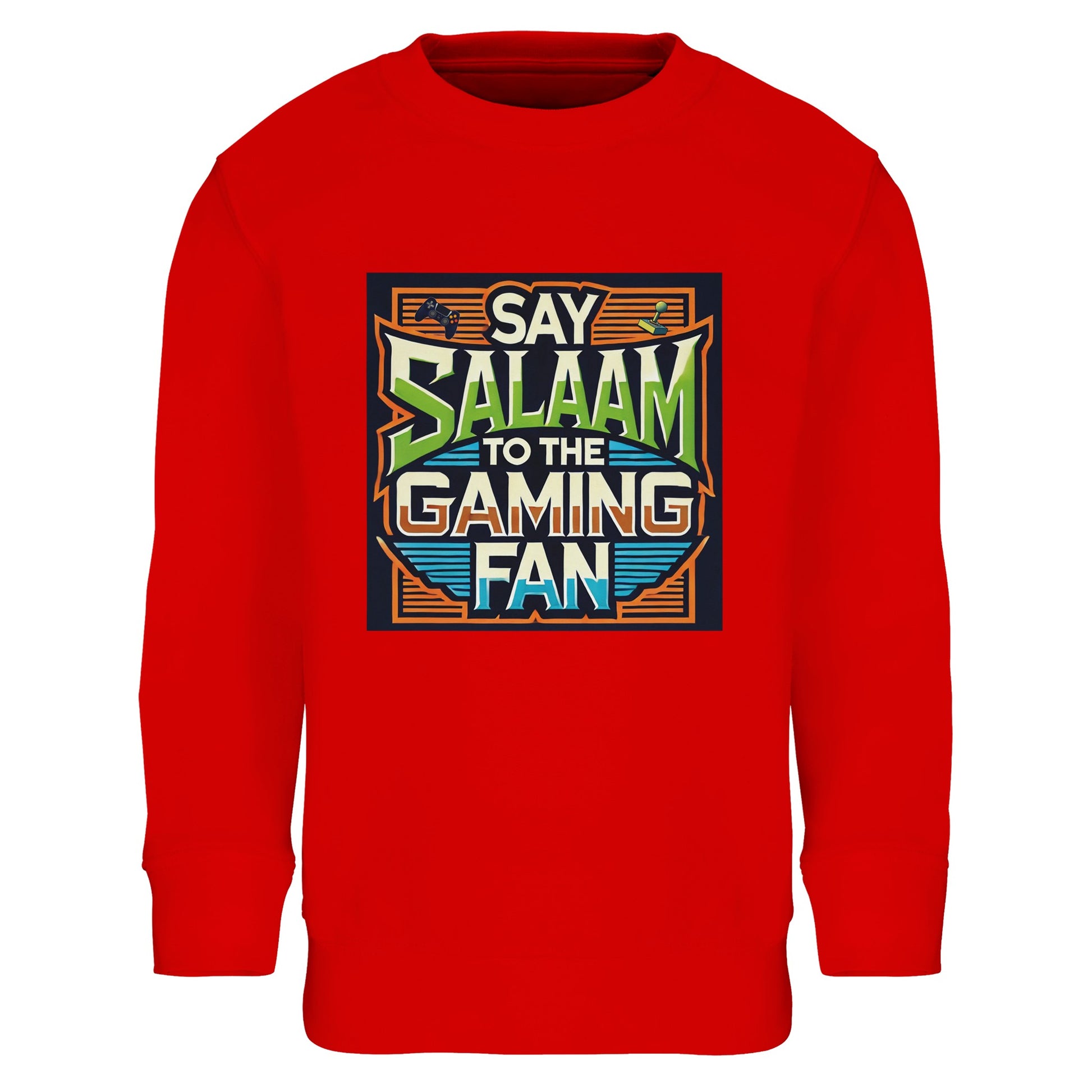 Bright Red / Rosso Corsa children’s sweatshirt featuring the Say Salaam to the Gaming Fan design in a striking retro arcade frame with vintage typography. A warm brushed fleece cotton-poly blend long-sleeve top for Muslim youngsters who love fast-paced multiplayer, esports battles and weekend FIFA sessions. A bold, modest sweatshirt or jumper for boys and girls who carry the greeting of peace into gaming rooms, online lobbies and digital competitions, at a good price.