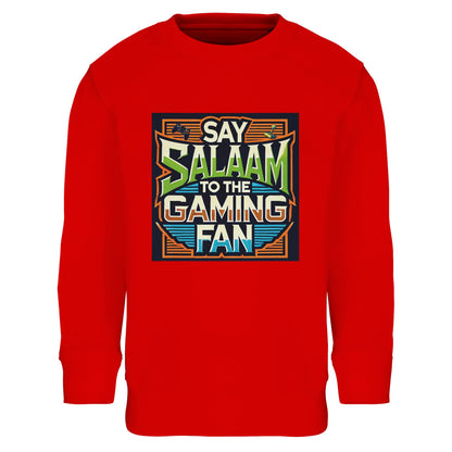 Bright Red / Rosso Corsa children’s sweatshirt featuring the Say Salaam to the Gaming Fan design in a striking retro arcade frame with vintage typography. A warm brushed fleece cotton-poly blend long-sleeve top for Muslim youngsters who love fast-paced multiplayer, esports battles and weekend FIFA sessions. A bold, modest sweatshirt or jumper for boys and girls who carry the greeting of peace into gaming rooms, online lobbies and digital competitions, at a good price.