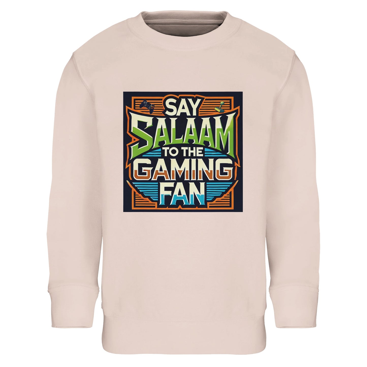 Creamy Pink / Oyster Pink children’s sweatshirt with the Say Salaam to the Gaming Fan artwork framed in a retro console design and vintage arcade lettering. A warm cotton and recycled polyester blend long-sleeve top for young gamers who split time between homework and headset chat. A modest, comfortable sweatshirt for boys and girls who greet friends with peace before logging into PlayStation, Xbox and online multiplayer platforms.