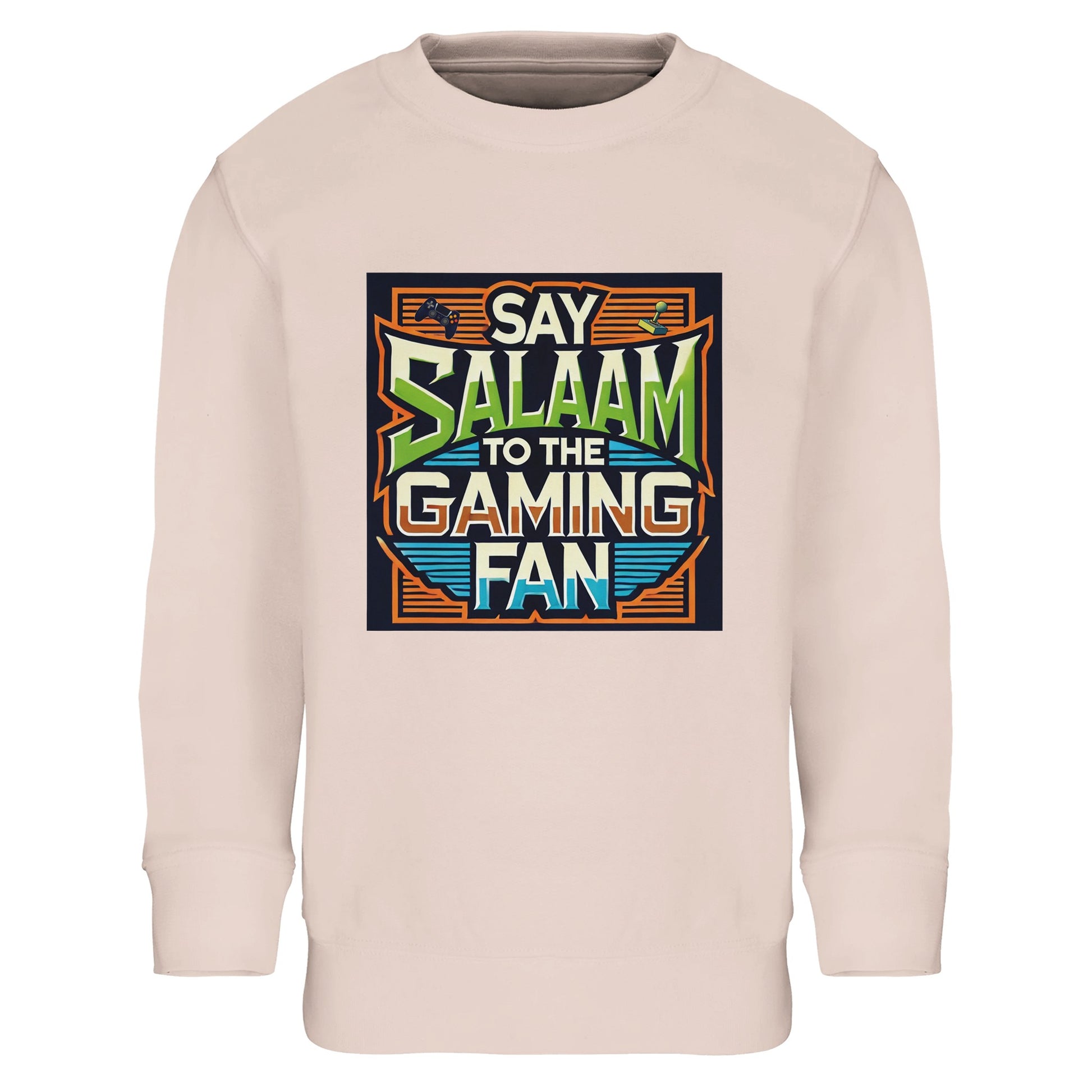 Creamy Pink / Oyster Pink children’s sweatshirt with the Say Salaam to the Gaming Fan artwork framed in a retro console design and vintage arcade lettering. A warm cotton and recycled polyester blend long-sleeve top for young gamers who split time between homework and headset chat. A modest, comfortable sweatshirt for boys and girls who greet friends with peace before logging into PlayStation, Xbox and online multiplayer platforms.
