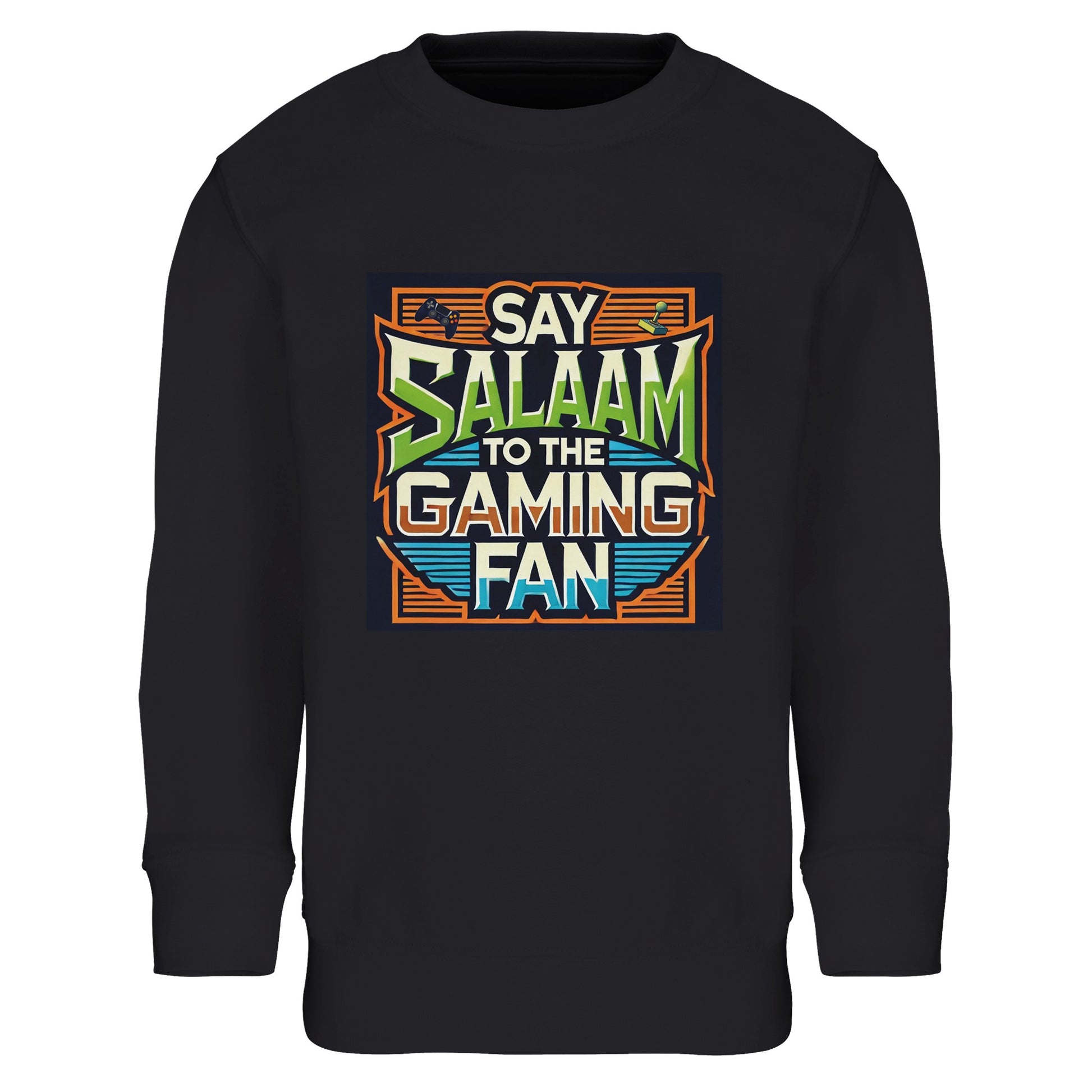 Deep Black / Zeus youngsters’ sweatshirt showcasing the Say Salaam to the Gaming Fan artwork in a bold retro console block with vintage gaming lettering. A durable cotton and recycled polyester blend long-sleeve top for children immersed in competitive multiplayer, headset teamwork and console tournaments. A modest staple sweatshirt for boys and girls who represent gaming culture while greeting teammates with peace.