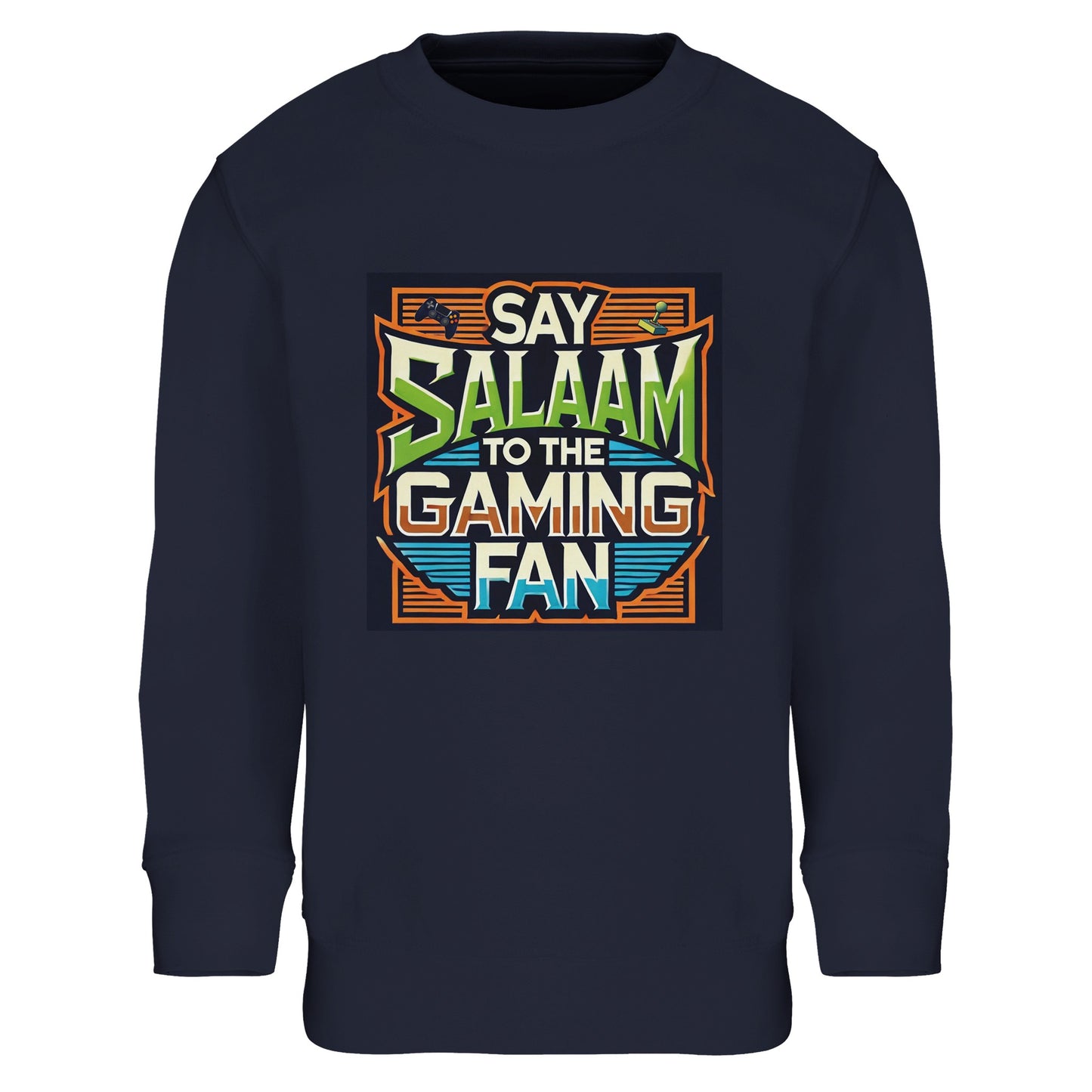 French Navy / Ebony Clay youngsters’ sweatshirt featuring the Say Salaam to the Gaming Fan design in a vibrant retro arcade frame with vintage typography. A brushed fleece cotton-poly blend long-sleeve top for children competing in ranked matches, FIFA tournaments, Call of Duty sessions and esports leagues. A modest, durable sweatshirt for boys and girls combining gaming ambition with identity, confidence and positive online community spirit.