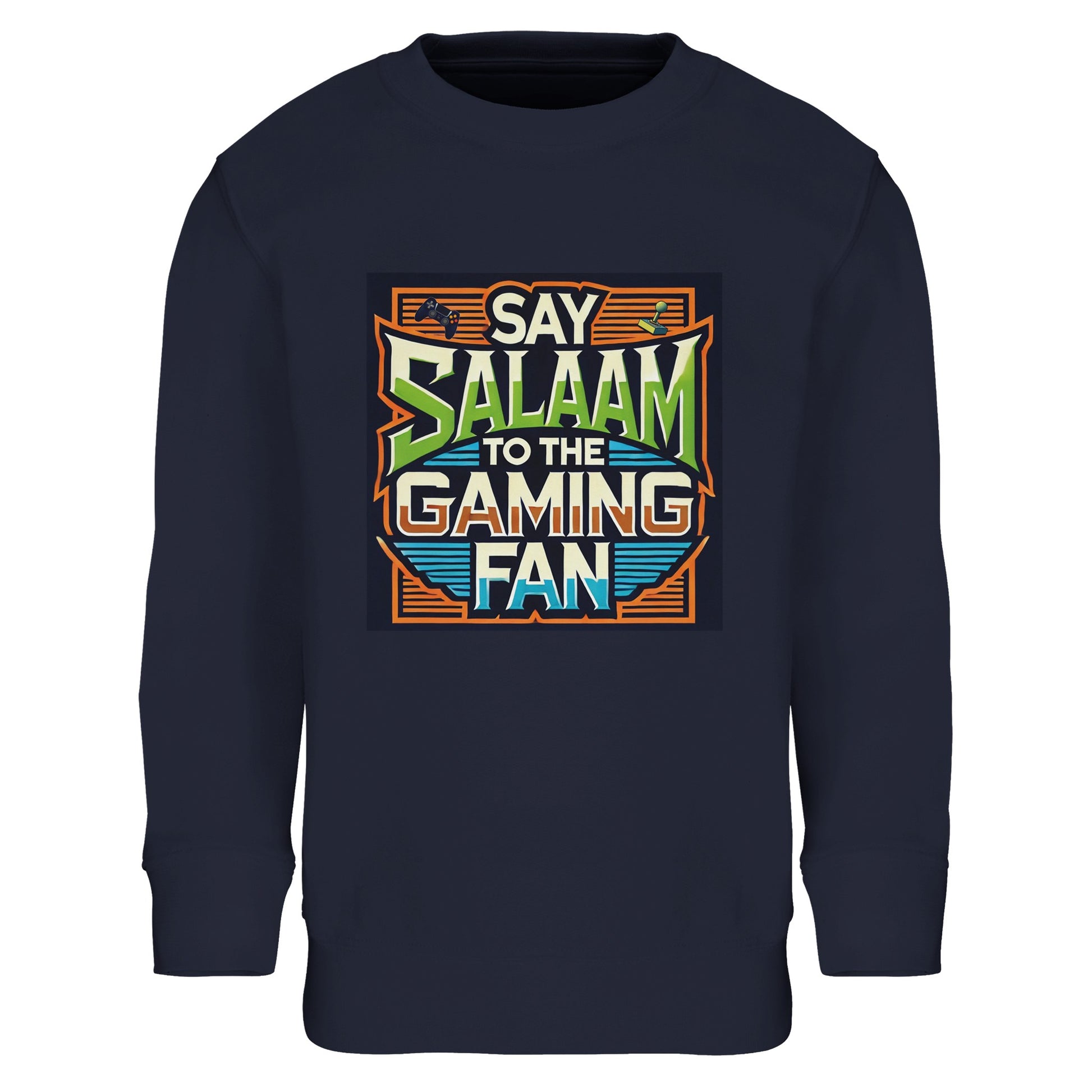 French Navy / Ebony Clay youngsters’ sweatshirt featuring the Say Salaam to the Gaming Fan design in a vibrant retro arcade frame with vintage typography. A brushed fleece cotton-poly blend long-sleeve top for children competing in ranked matches, FIFA tournaments, Call of Duty sessions and esports leagues. A modest, durable sweatshirt for boys and girls combining gaming ambition with identity, confidence and positive online community spirit.