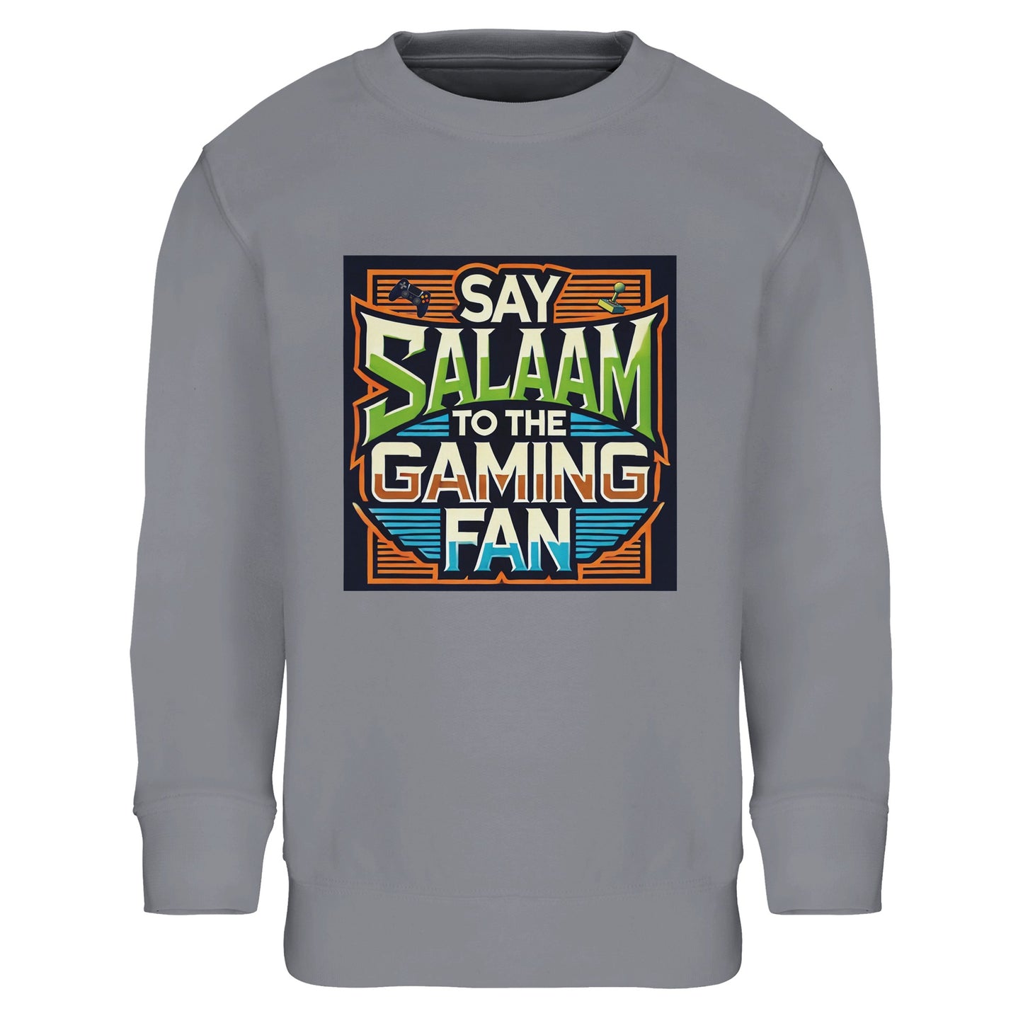Grey Melange / Heather Grey / Marl Grey / Classic Athletic Grey Blend children’s sweatshirt displaying the Say Salaam to the Gaming Fan artwork in a retro-inspired gaming panel with bold vintage lettering. A cosy cotton and recycled polyester blend top for youngsters immersed in multiplayer challenges and console competitions. Cheap, comfortable, modest long-sleeve jumper wear for boys and girls who bring Salaam into gaming spaces and digital communities worldwide.