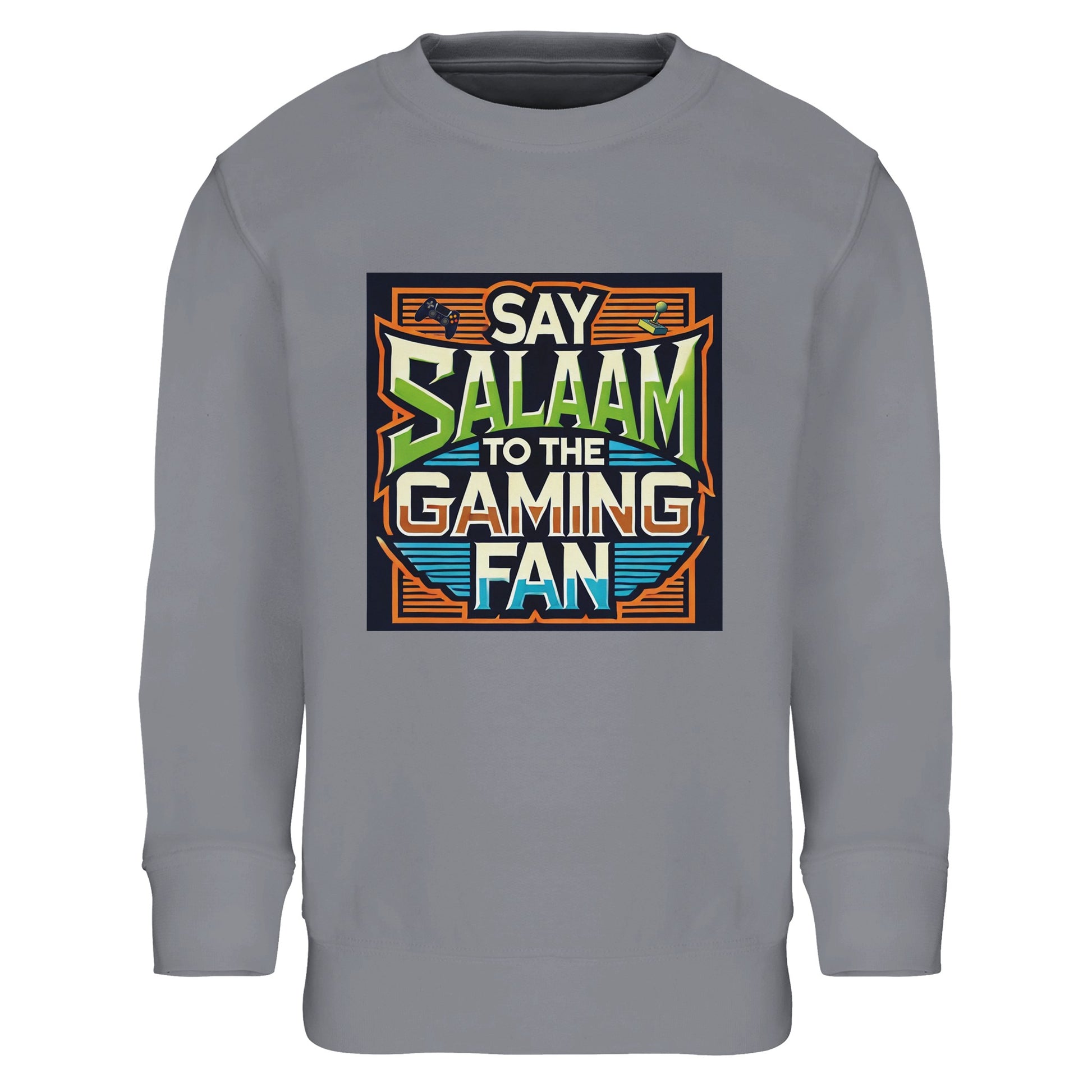 Grey Melange / Heather Grey / Marl Grey / Classic Athletic Grey Blend children’s sweatshirt displaying the Say Salaam to the Gaming Fan artwork in a retro-inspired gaming panel with bold vintage lettering. A cosy cotton and recycled polyester blend top for youngsters immersed in multiplayer challenges and console competitions. Cheap, comfortable, modest long-sleeve jumper wear for boys and girls who bring Salaam into gaming spaces and digital communities worldwide.
