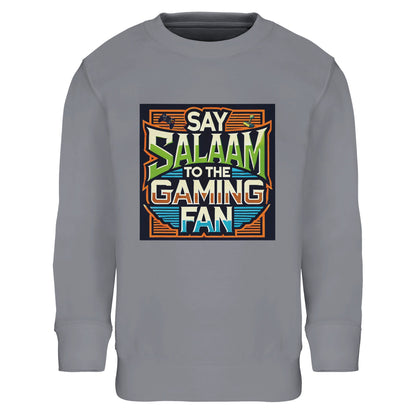 Grey Melange / Heather Grey / Marl Grey / Classic Athletic Grey Blend children’s sweatshirt displaying the Say Salaam to the Gaming Fan artwork in a retro-inspired gaming panel with bold vintage lettering. A cosy cotton and recycled polyester blend top for youngsters immersed in multiplayer challenges and console competitions. Cheap, comfortable, modest long-sleeve jumper wear for boys and girls who bring Salaam into gaming spaces and digital communities worldwide.