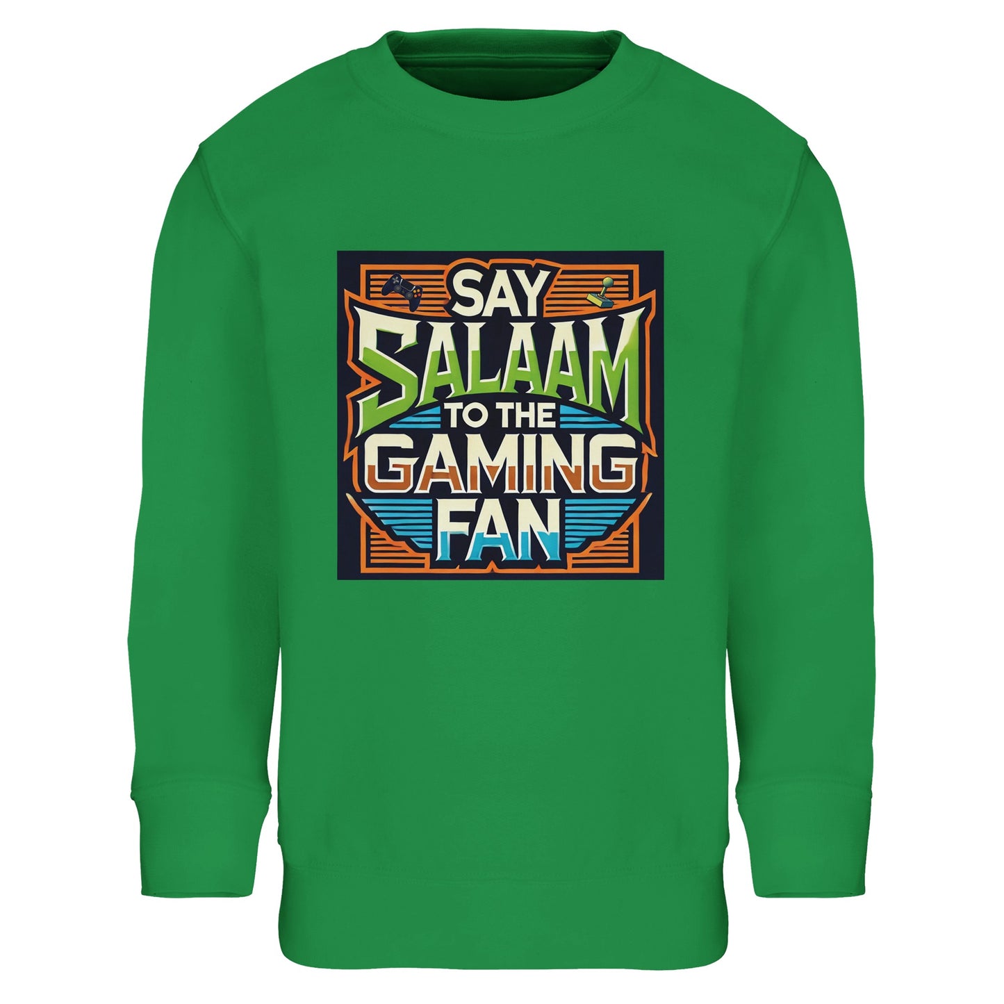 Kelly Green / Spring Green / Sea Green / Eucalyptus children’s sweatshirt featuring the Say Salaam to the Gaming Fan graphic in a bold retro arcade block with vintage-inspired typography. A soft brushed fleece cotton-poly blend long-sleeve top or jumper for youngsters who thrive in online squads, esports streams and competitive console gaming. Durable, modest everyday wear for boys and girls building skills and confidence in digital gaming culture.