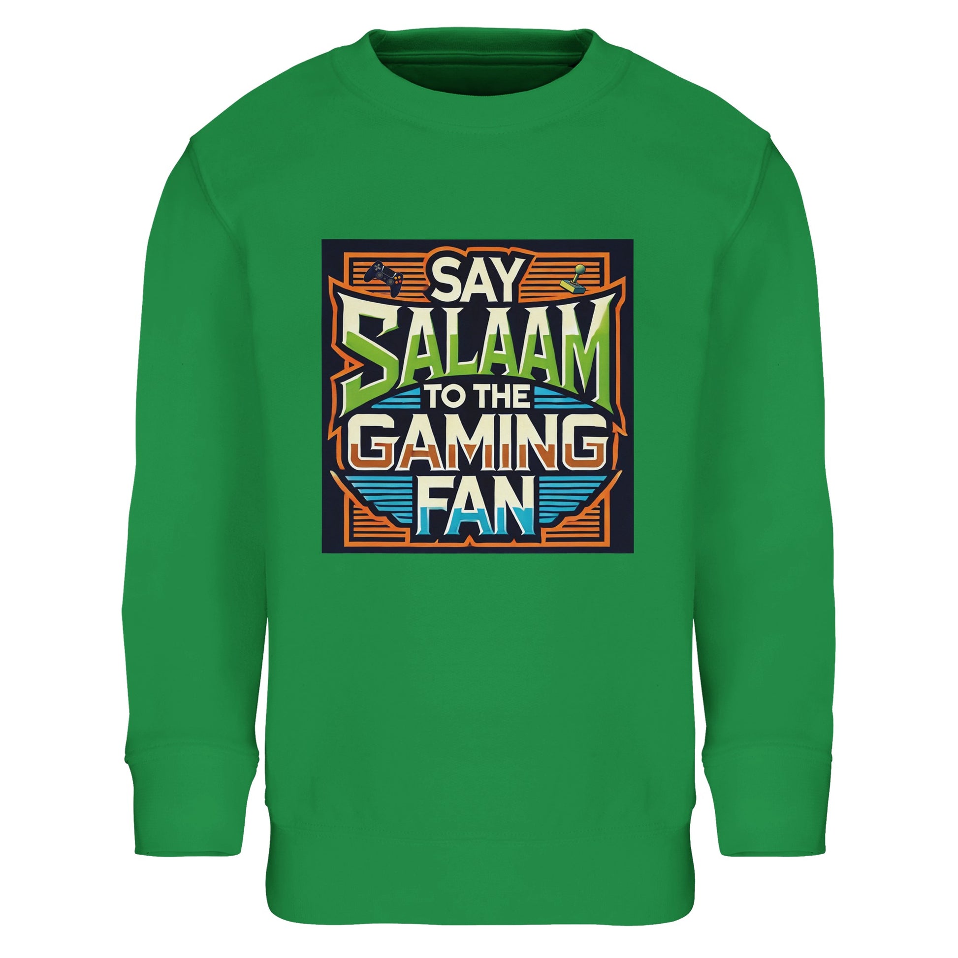 Kelly Green / Spring Green / Sea Green / Eucalyptus children’s sweatshirt featuring the Say Salaam to the Gaming Fan graphic in a bold retro arcade block with vintage-inspired typography. A soft brushed fleece cotton-poly blend long-sleeve top or jumper for youngsters who thrive in online squads, esports streams and competitive console gaming. Durable, modest everyday wear for boys and girls building skills and confidence in digital gaming culture.